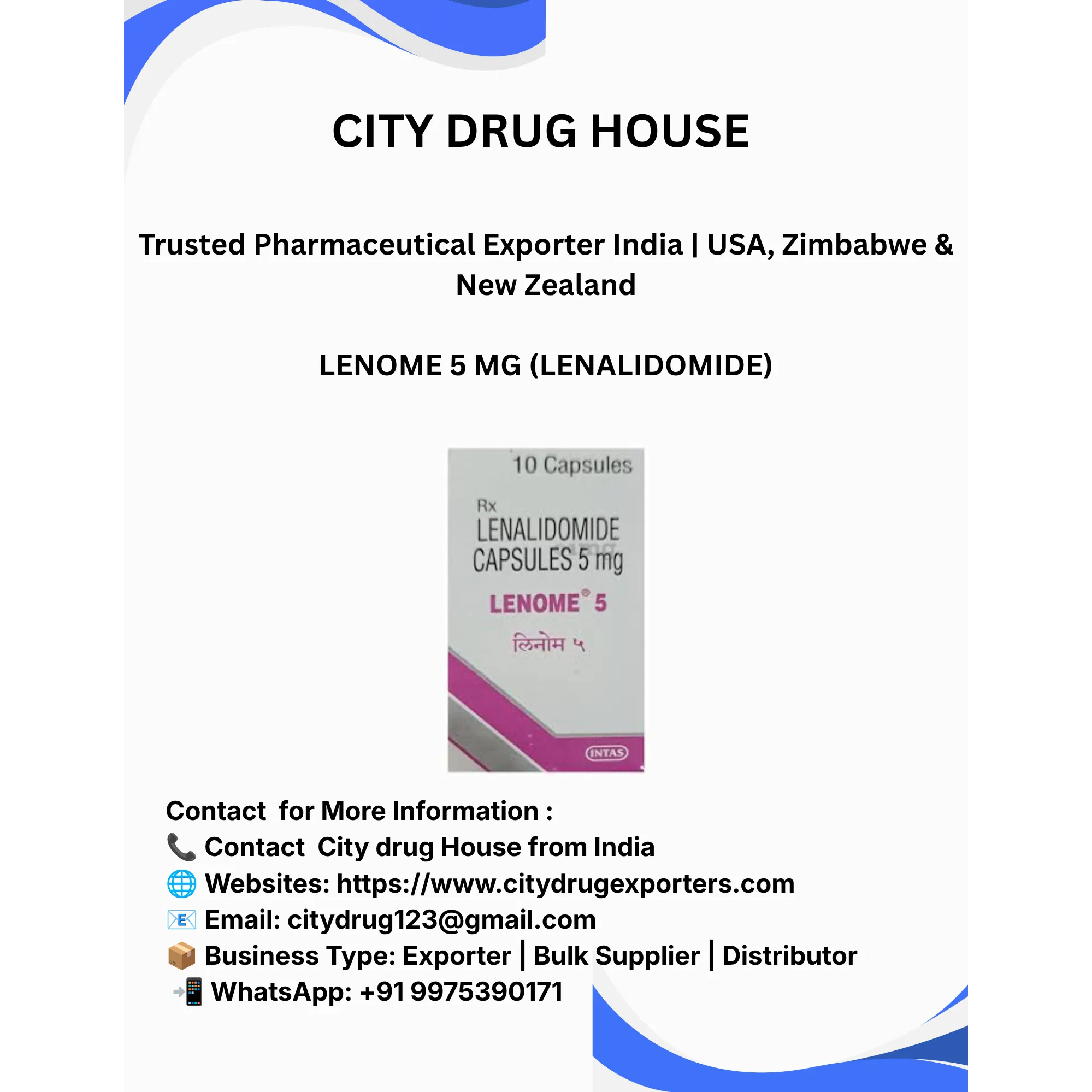 LENOME 5 mg Exporter to USA, Zimbabwe & NZ | City Drug House INDIA