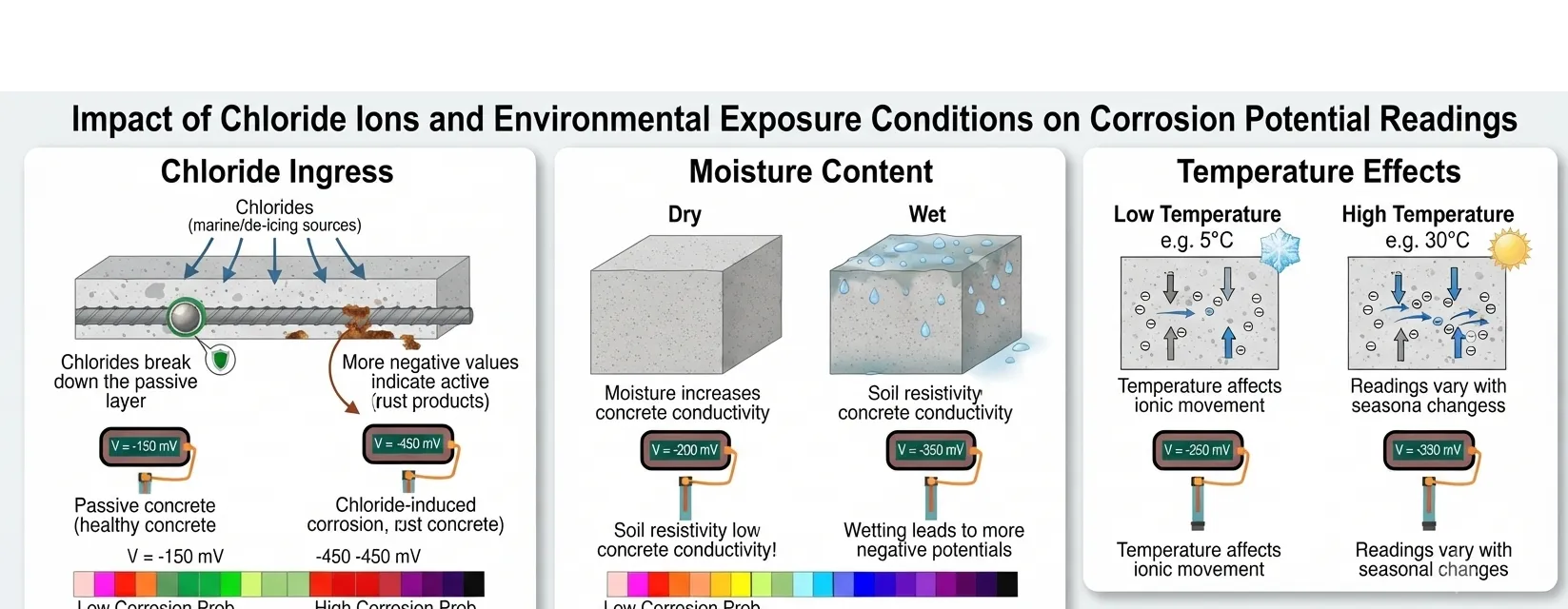 Impact of Chloride ions and Environmental Exposure Conditions on Corrosion Potential Readings