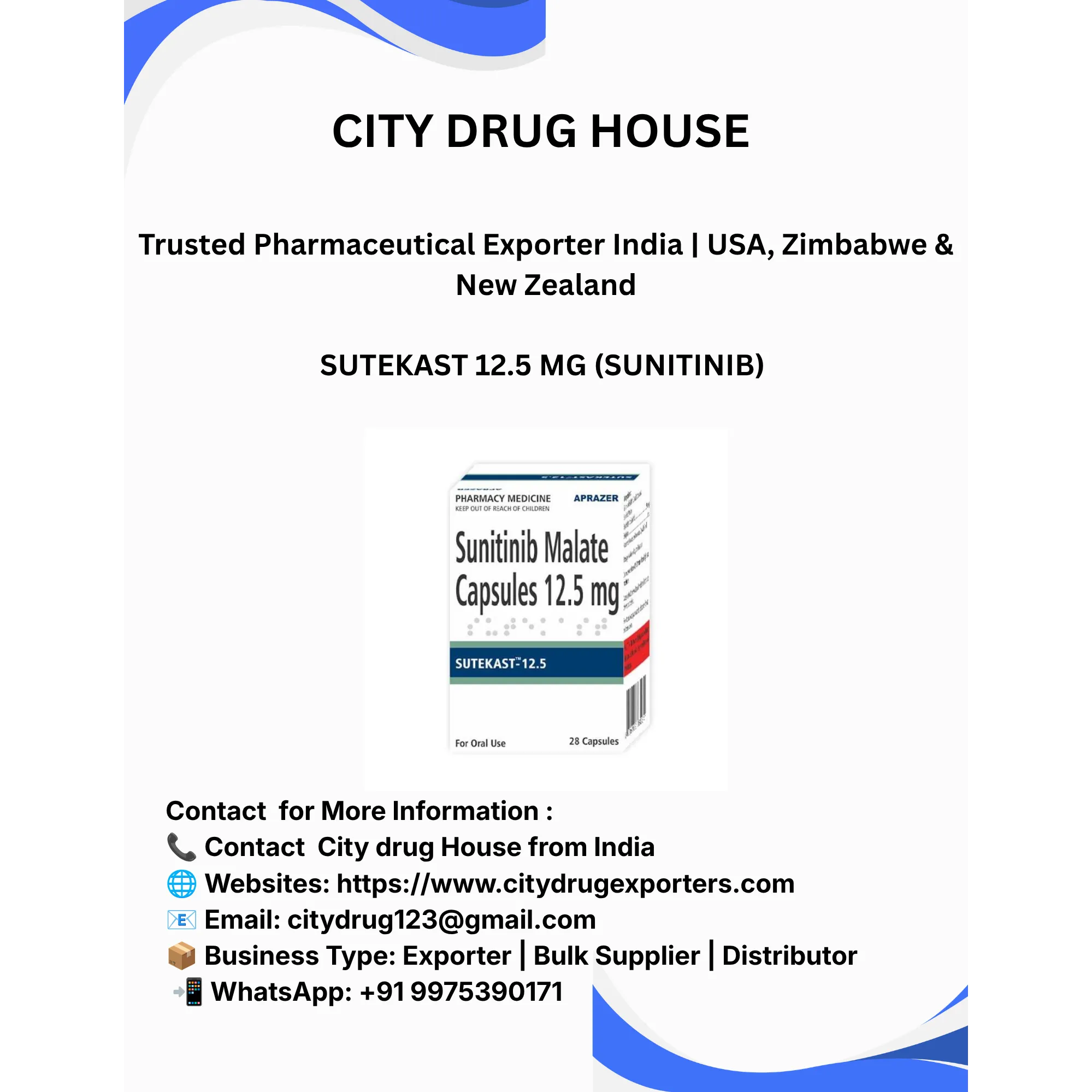 Sutekast 12.5 mg Exporter to USA, Zimbabwe & NZ | City Drug House INDIA