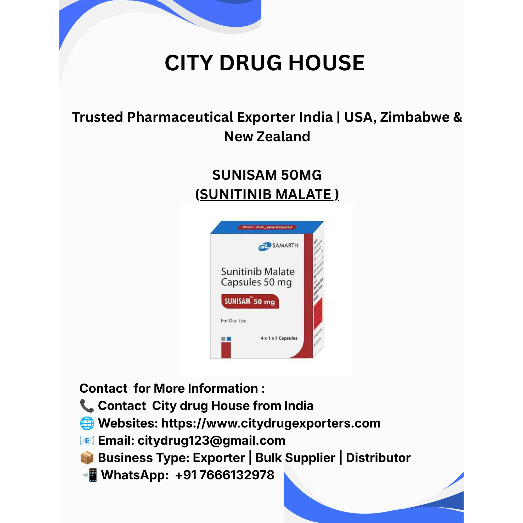 Sunisam 50mg Exporter to USA, Zimbabwe & NZ | City Drug House INDIA