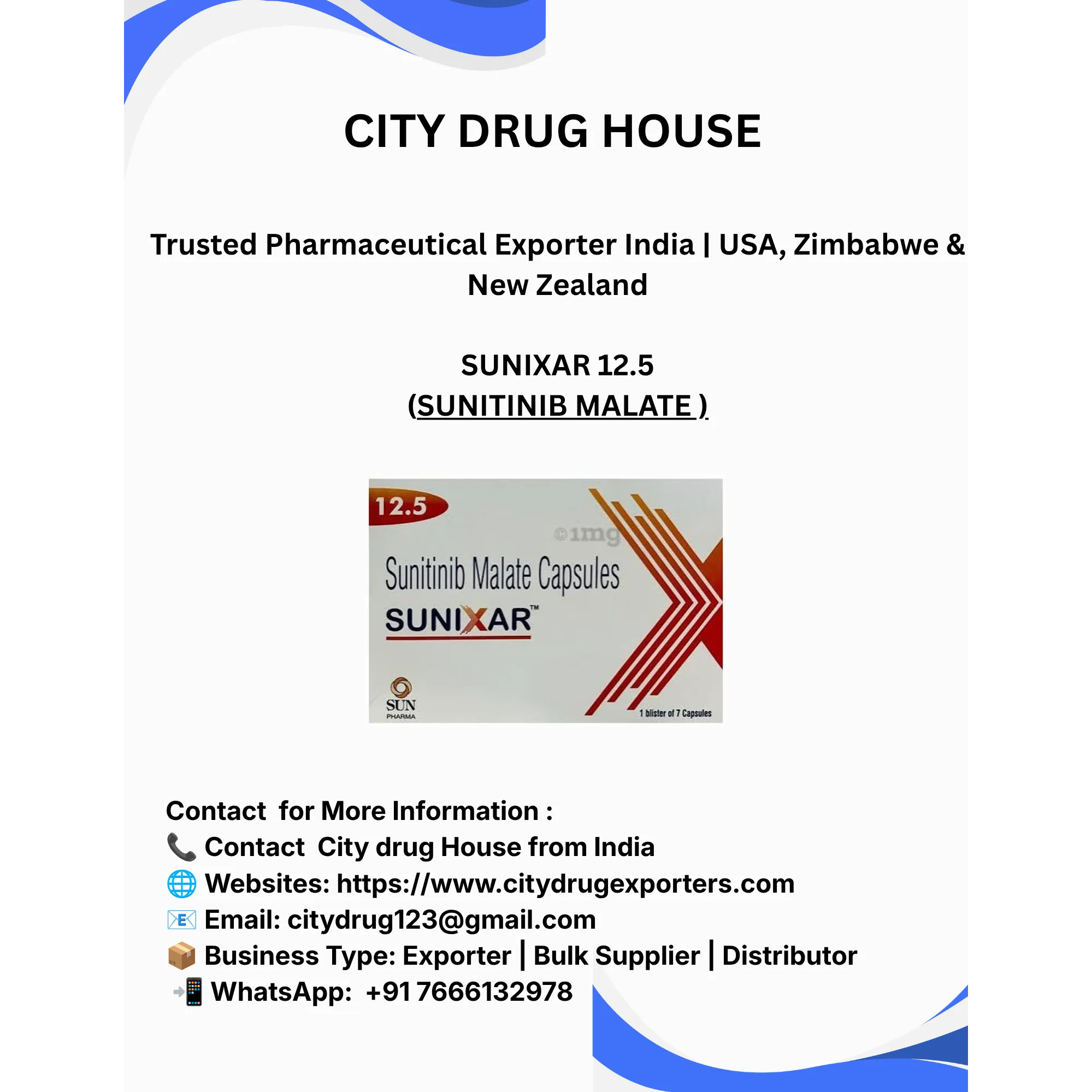 Sunixar 12.5 Capsule Exporter to USA, Zimbabwe & NZ | City Drug House INDIA
