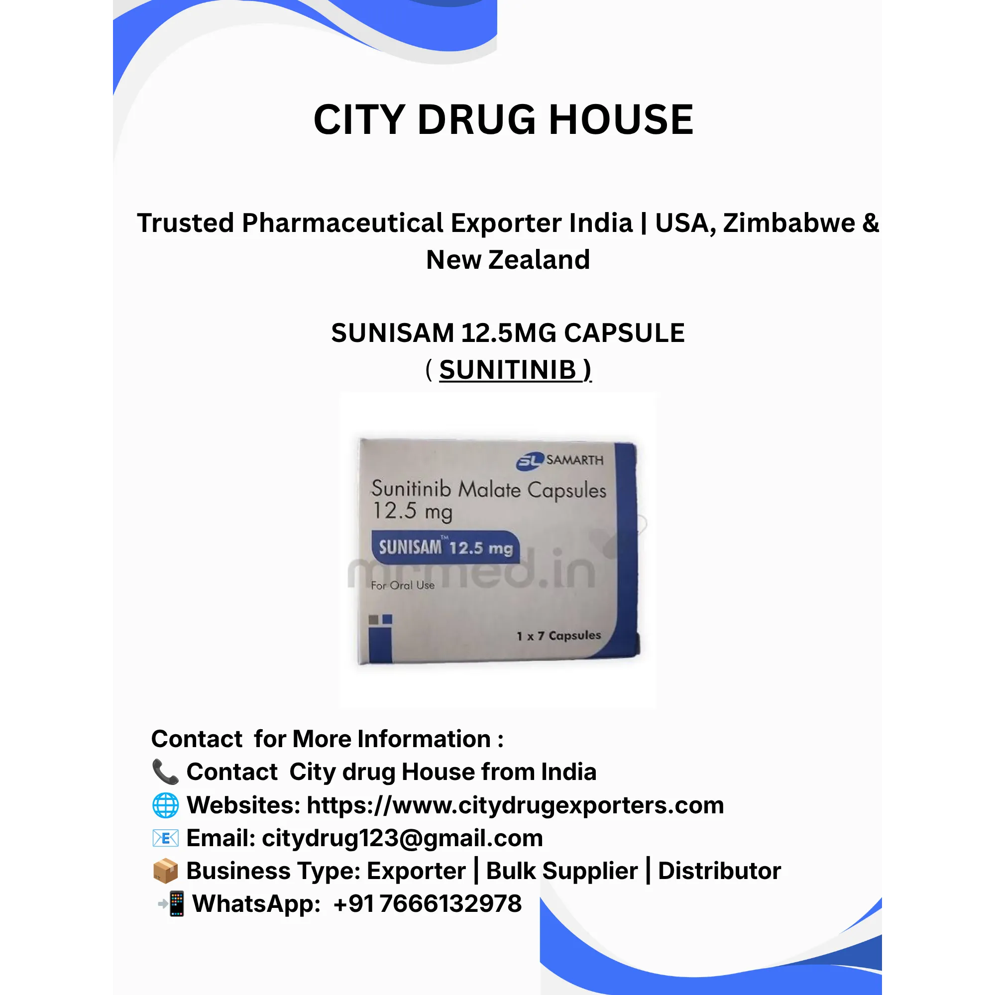 Sunisam 12.5mg Capsule Exporter to USA, Zimbabwe & NZ | City Drug House INDIA