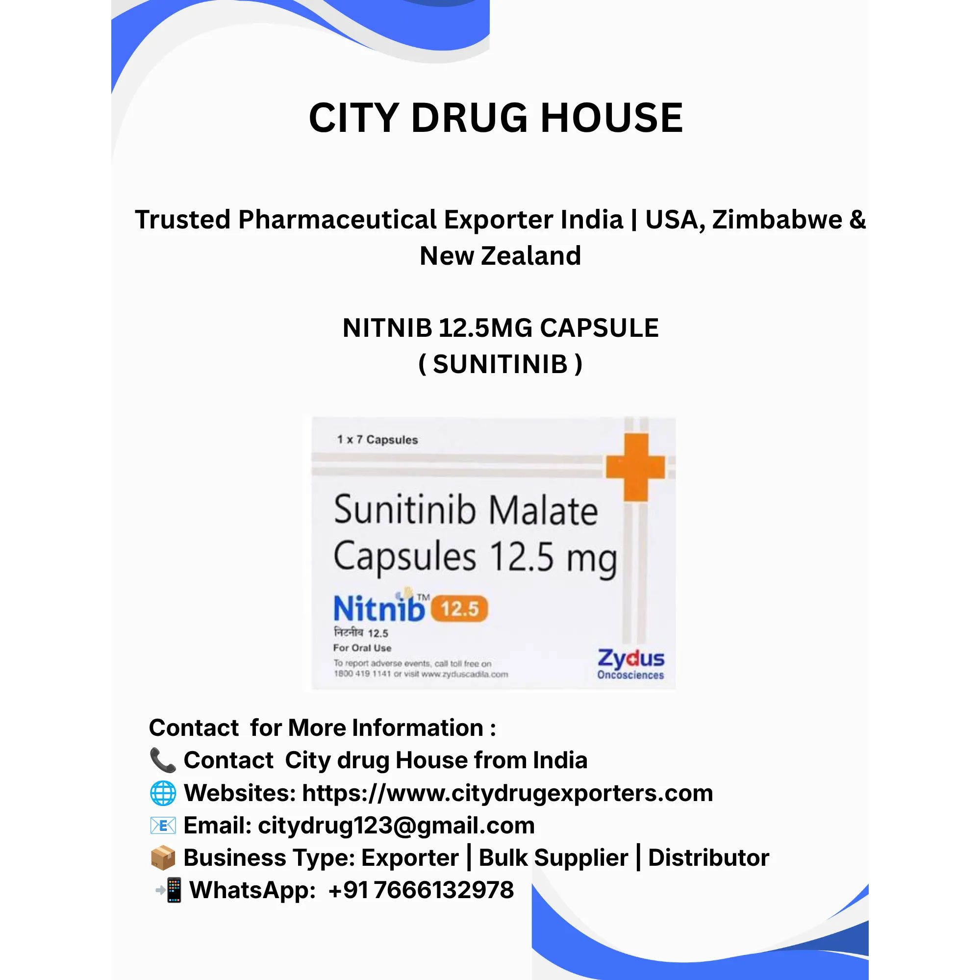 Nitnib 12.5 mg Exporter to USA, Zimbabwe & NZ | City Drug House INDIA
