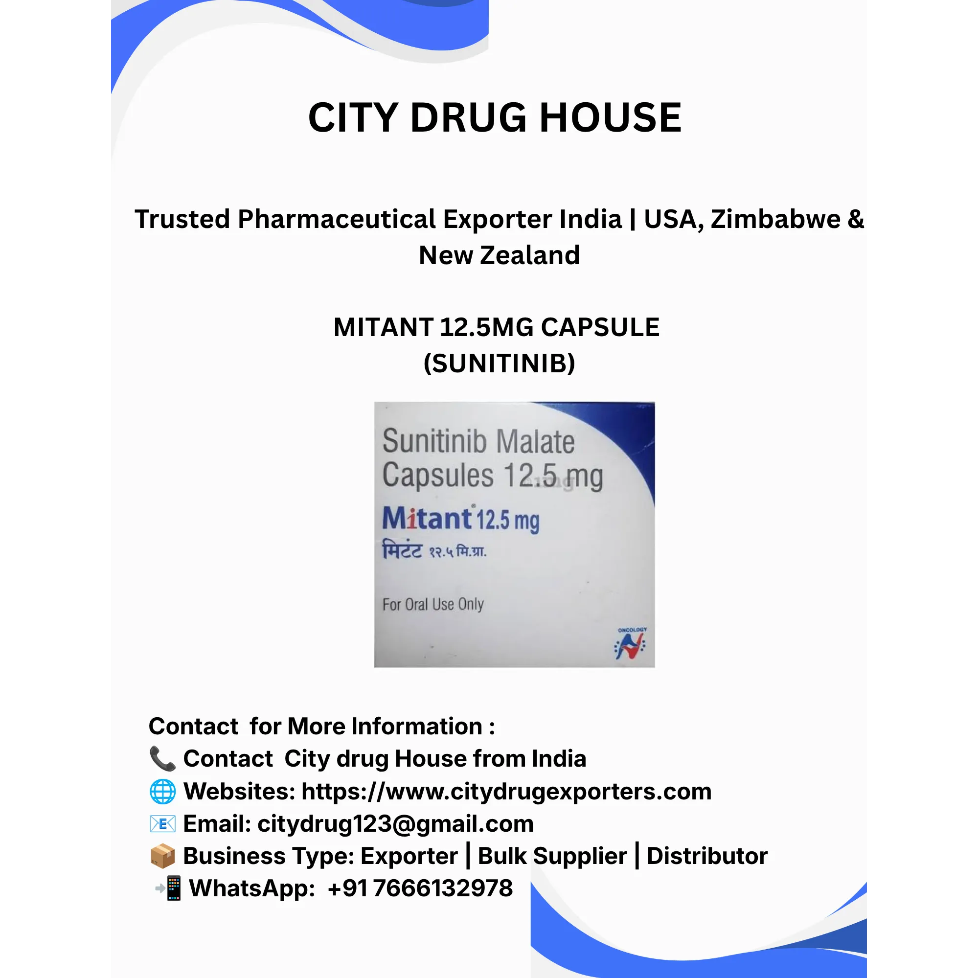 Mitant 12.5 mg Exporter to USA, Zimbabwe & NZ | City Drug House INDIA
