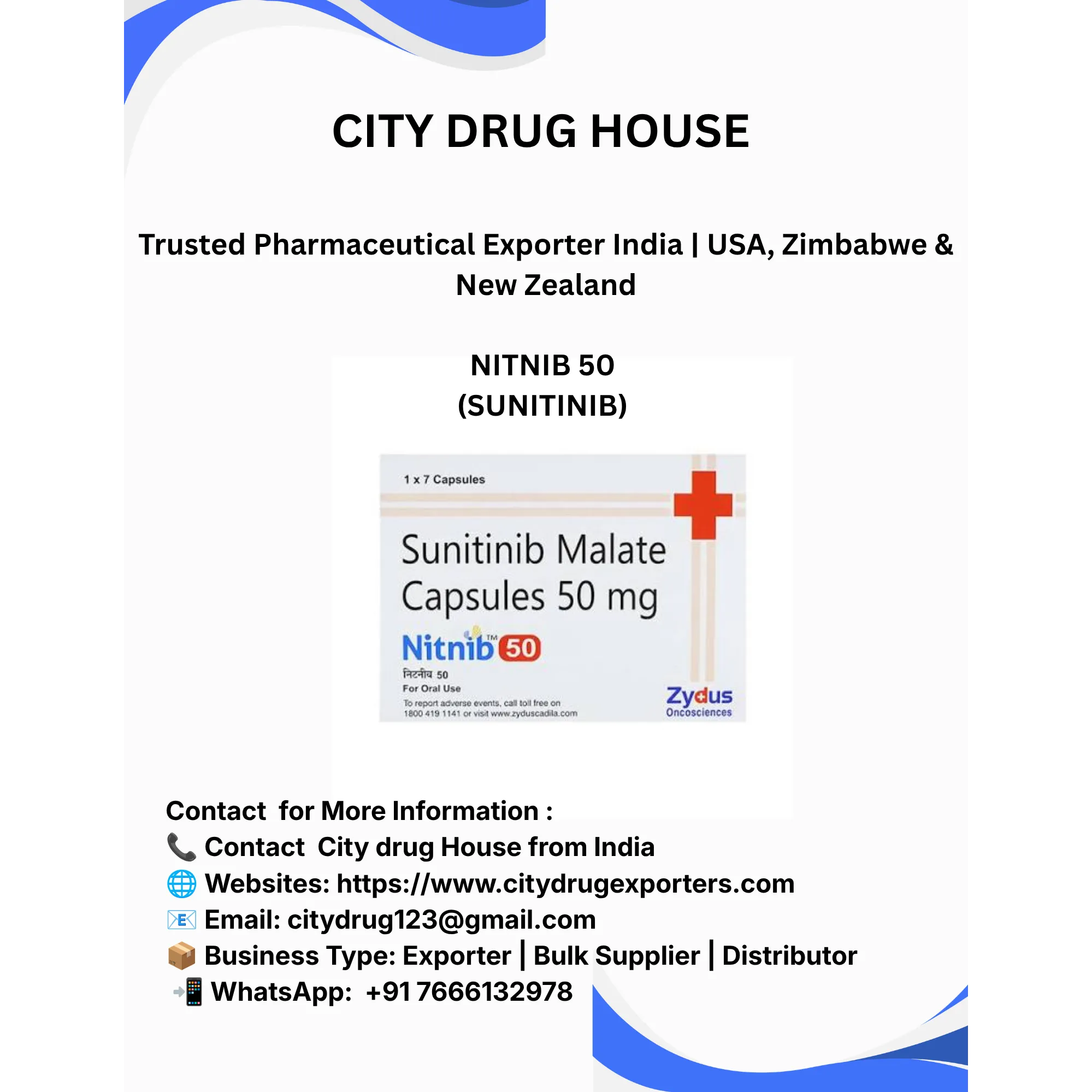 Nitnib 50 (Sunitinib) Exporter to USA, Zimbabwe & NZ | City Drug House INDIA