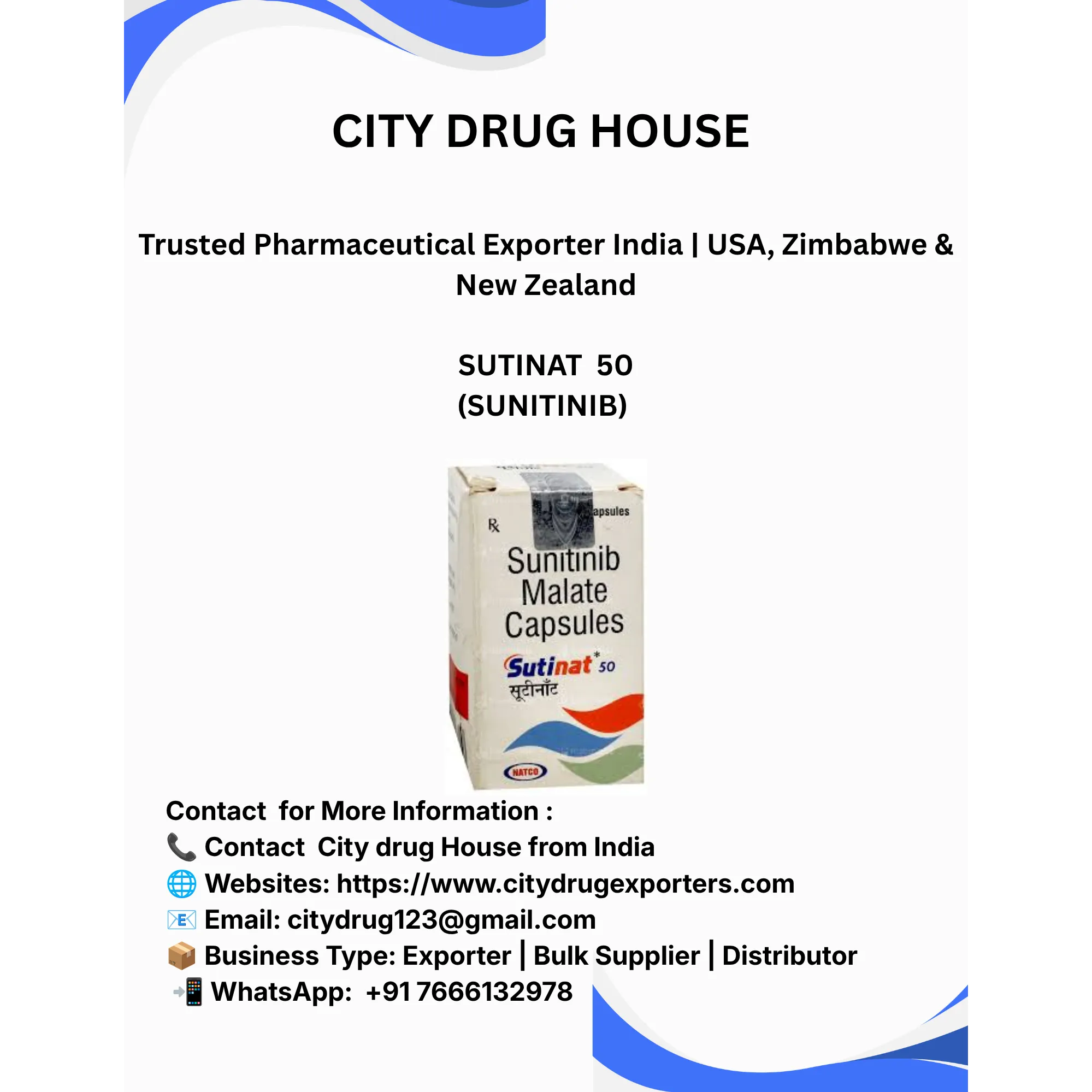 SUTINAT 50 MG Exporter to USA, Zimbabwe & NZ | City Drug House INDIA