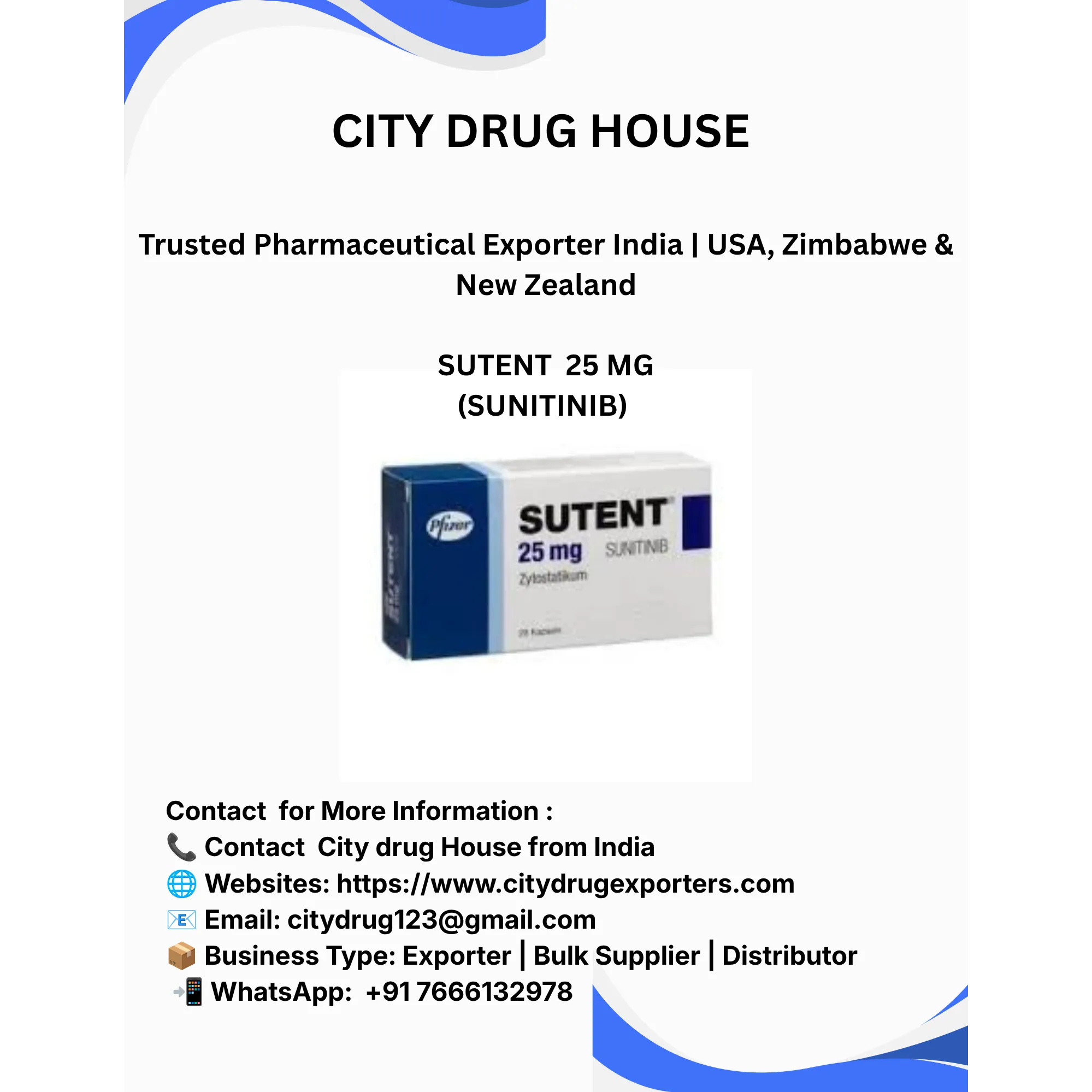 Sutent (sunitinib) 25 mg Exporter to USA, Zimbabwe & NZ | City Drug House INDIA