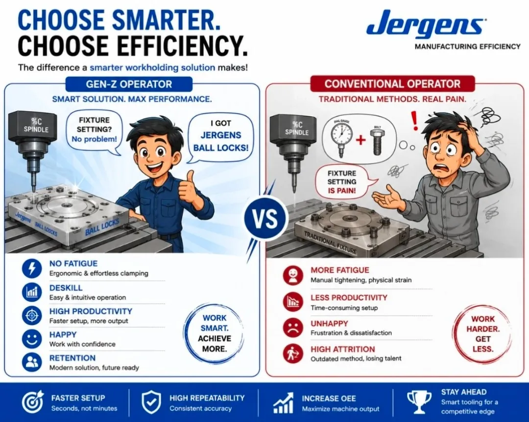 Jergens Ball Lock System for easy change of fixtures in VMC & HMC