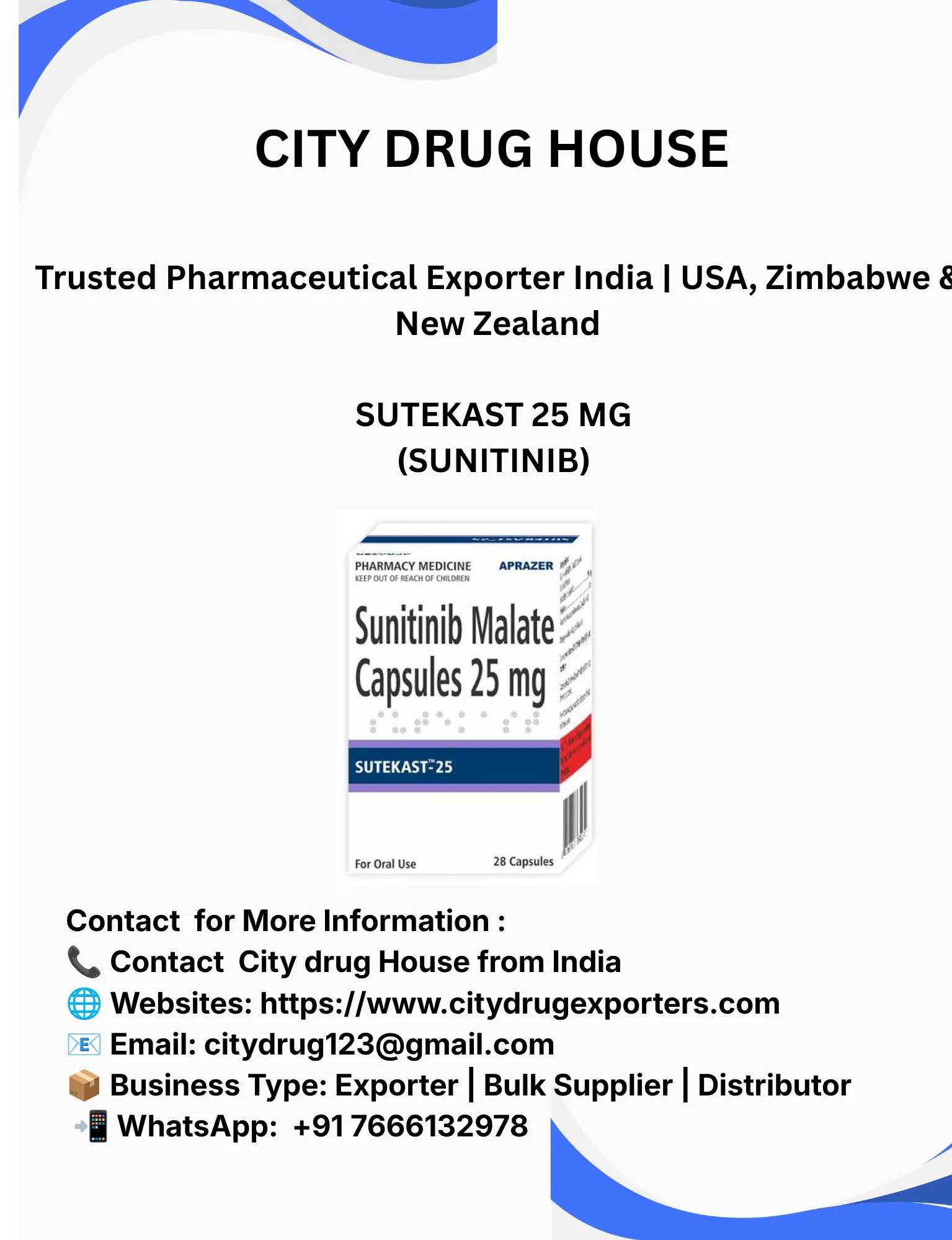 Sutekast 25 mg (Sunitinib) Exporter to USA, Zimbabwe & NZ | City Drug House INDIA