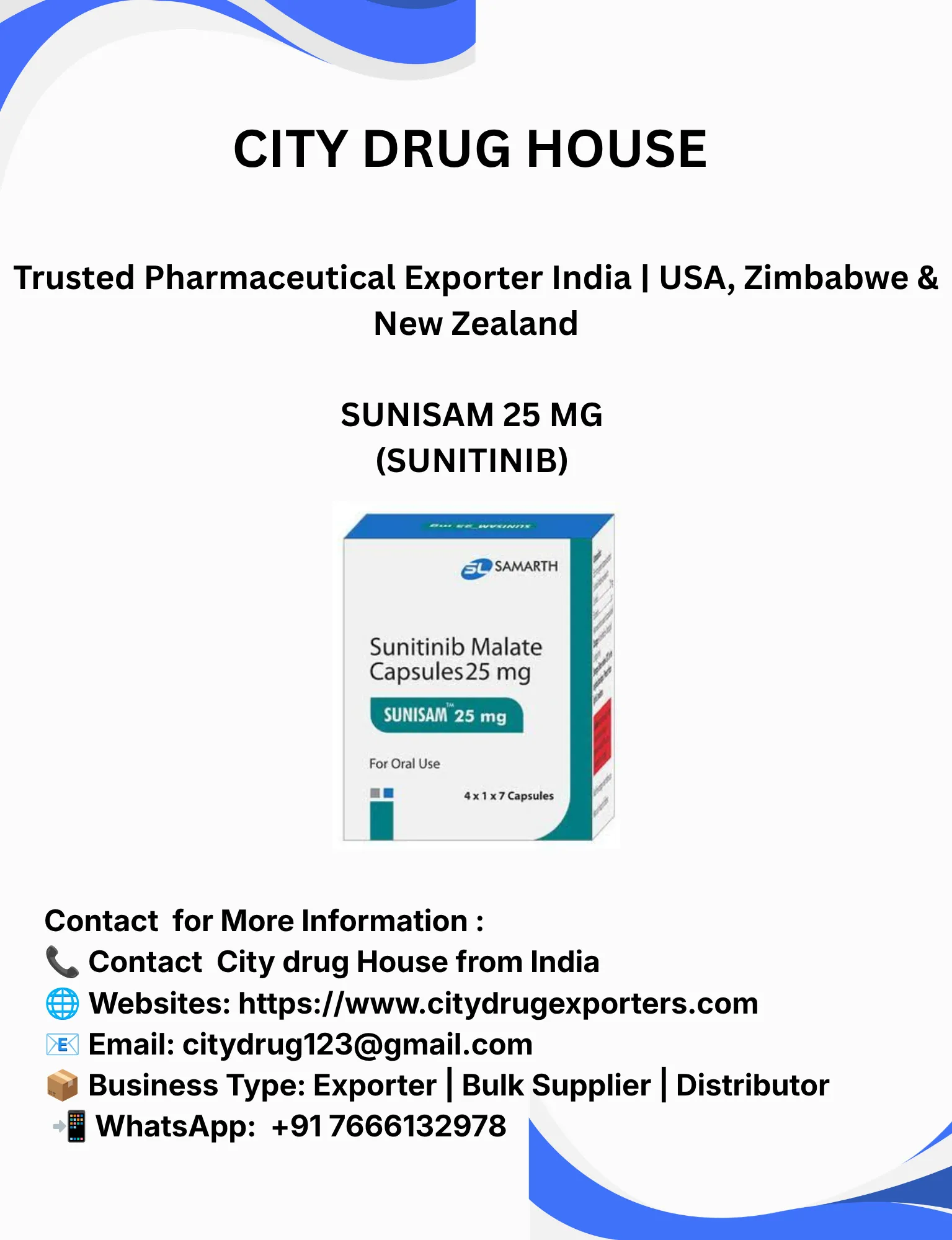SUNISAM 25 (Sunitinib) Exporter to USA, Zimbabwe & NZ | City Drug House INDIA