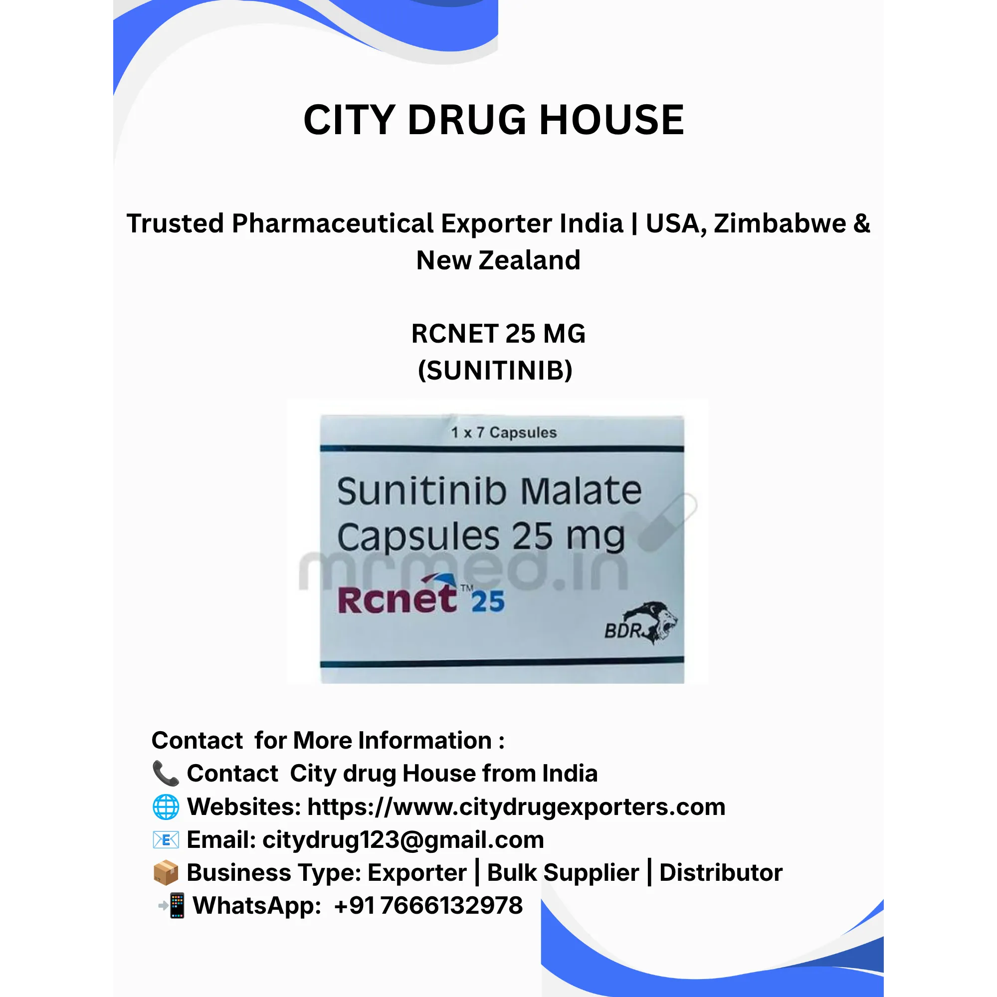 RCNET 25 (Sunitinib) Exporter to USA, Zimbabwe & NZ | City Drug House INDIA