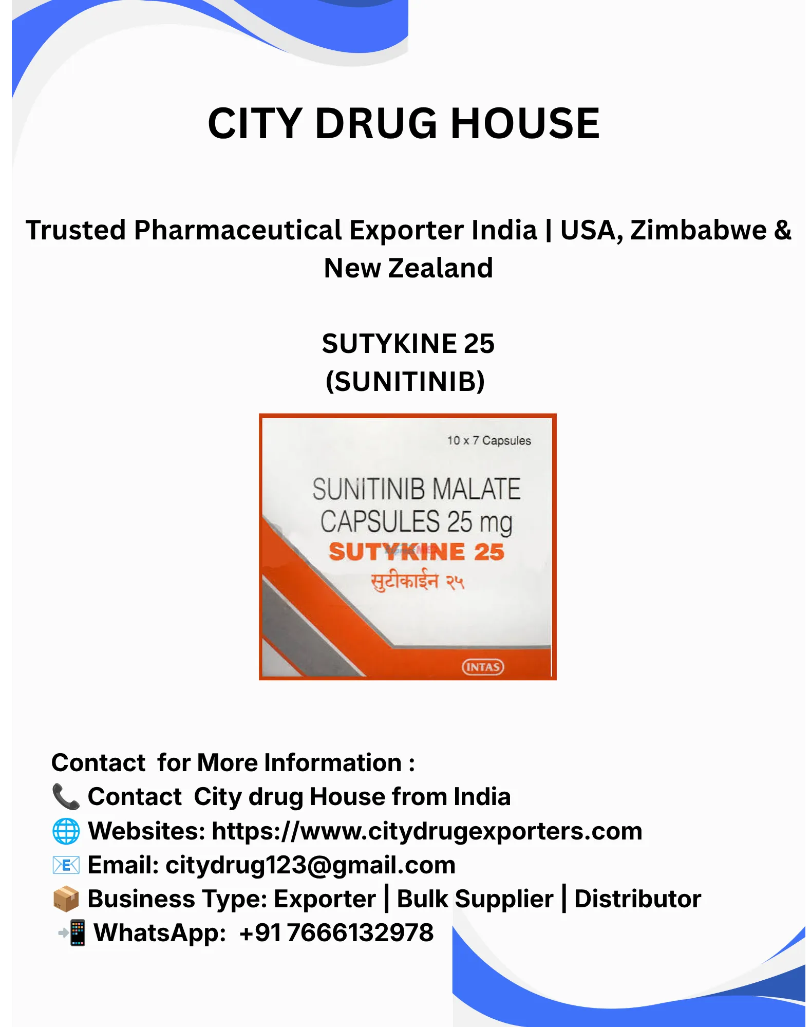 Sutykine 25 (Sunitinib) Exporter to USA, Zimbabwe & NZ | City Drug House INDIA