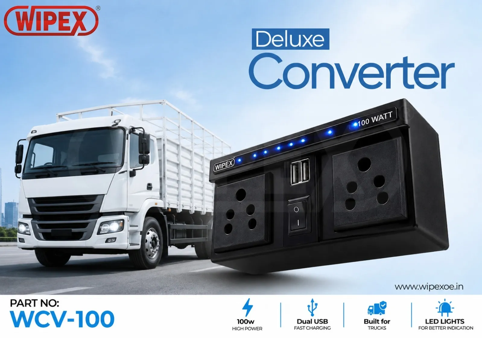 100 Watt DC to AC Converter for Car Truck with Dual Socket | Wipex Industries