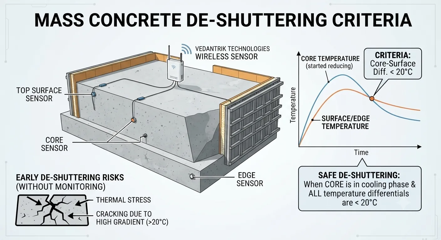 What is the De-Shuttering Criteria in Mass Concrete?