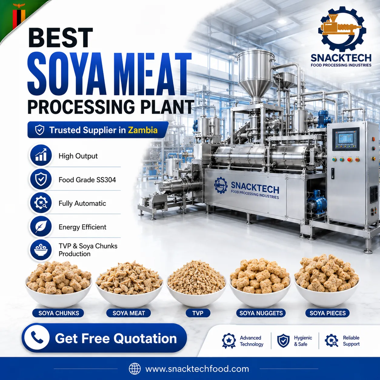 Best Soya Meat Processing Plant Supplier in Zambia | TVP & Soya Chunks Production Line