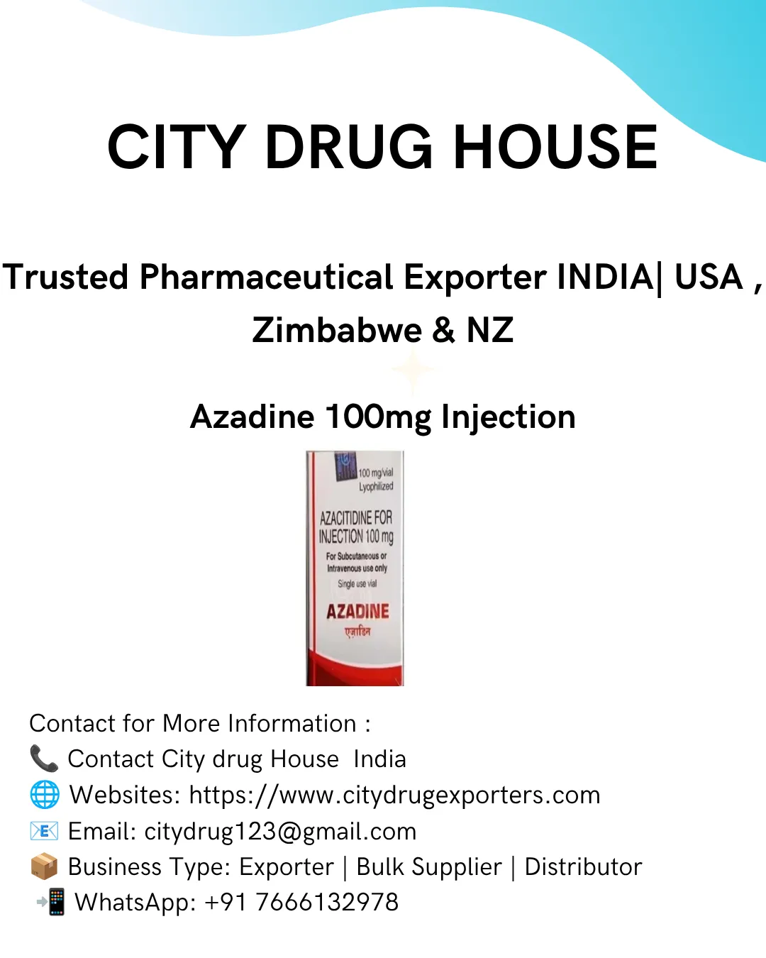 Azadine 100 mg (Azacitidine) Exporter to USA, Zimbabwe & NZ | City Drug House INDIA