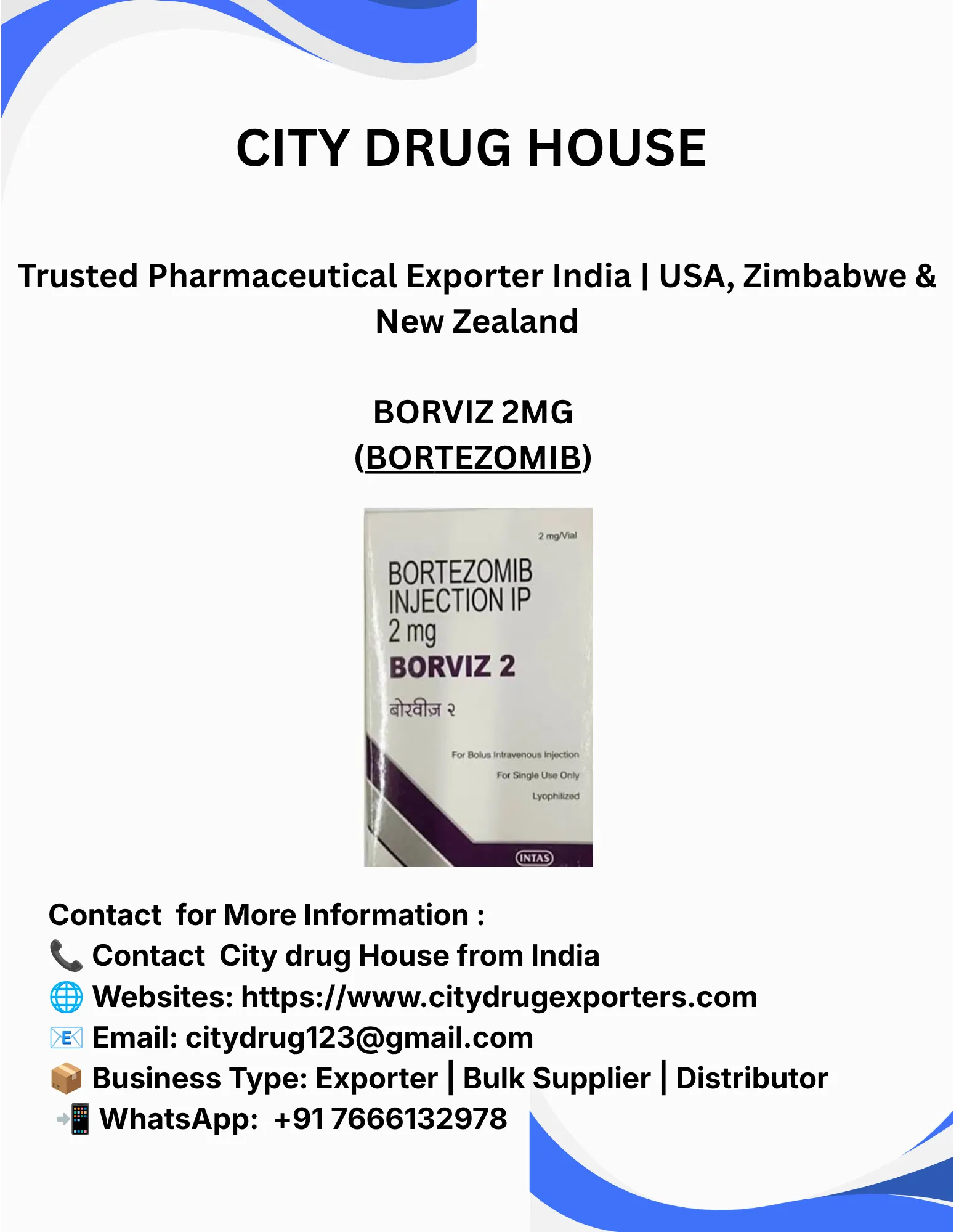 Borviz 2 (Bortezomib) Exporter to USA, Zimbabwe & NZ | City Drug House INDIA