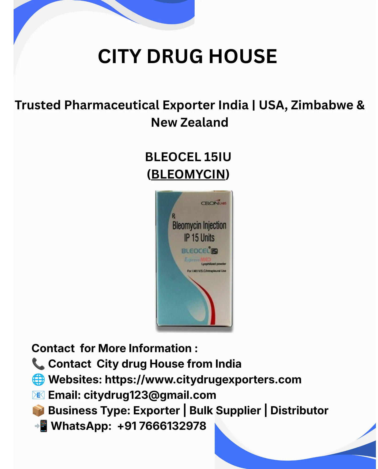 BLEOCEL 15 U (Bleomycin) Exporter to USA, Zimbabwe & NZ | City Drug House INDIA
