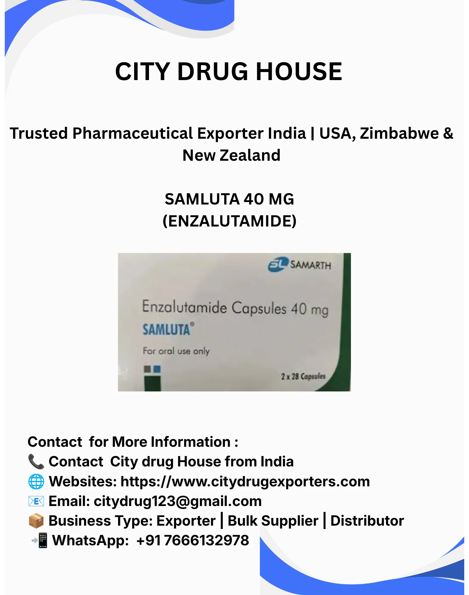 Samluta 40 mg (Enzalutamide) Exporter to USA, Zimbabwe & NZ | City Drug House INDIA