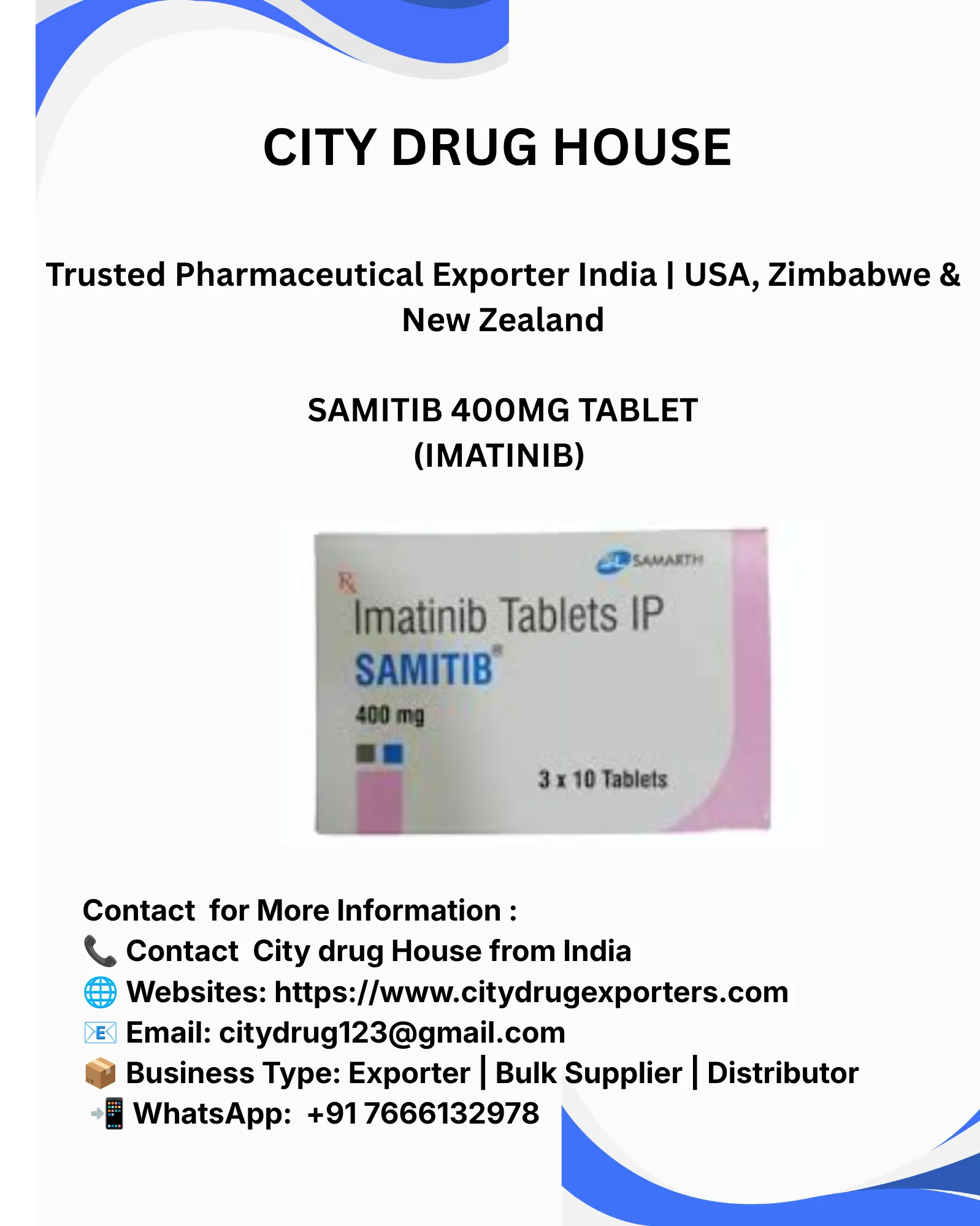 Samitib 400 mg (Imatinib) Exporter to USA, Zimbabwe & NZ | City Drug House INDIA