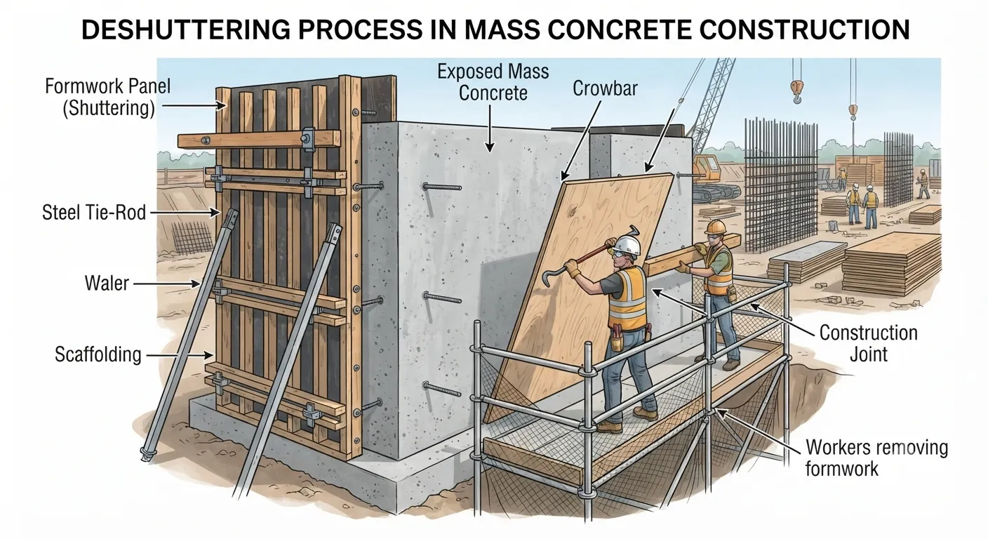 What is the De-Shuttering Criteria in Mass Concrete?