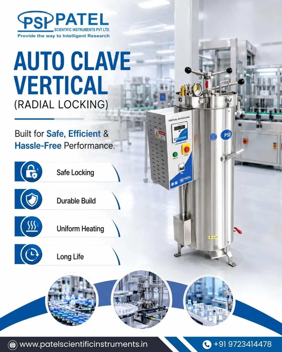 Vertical Autoclave Radial Locking Manufacturer in Ahmedabad | Patel Scientific Instruments
