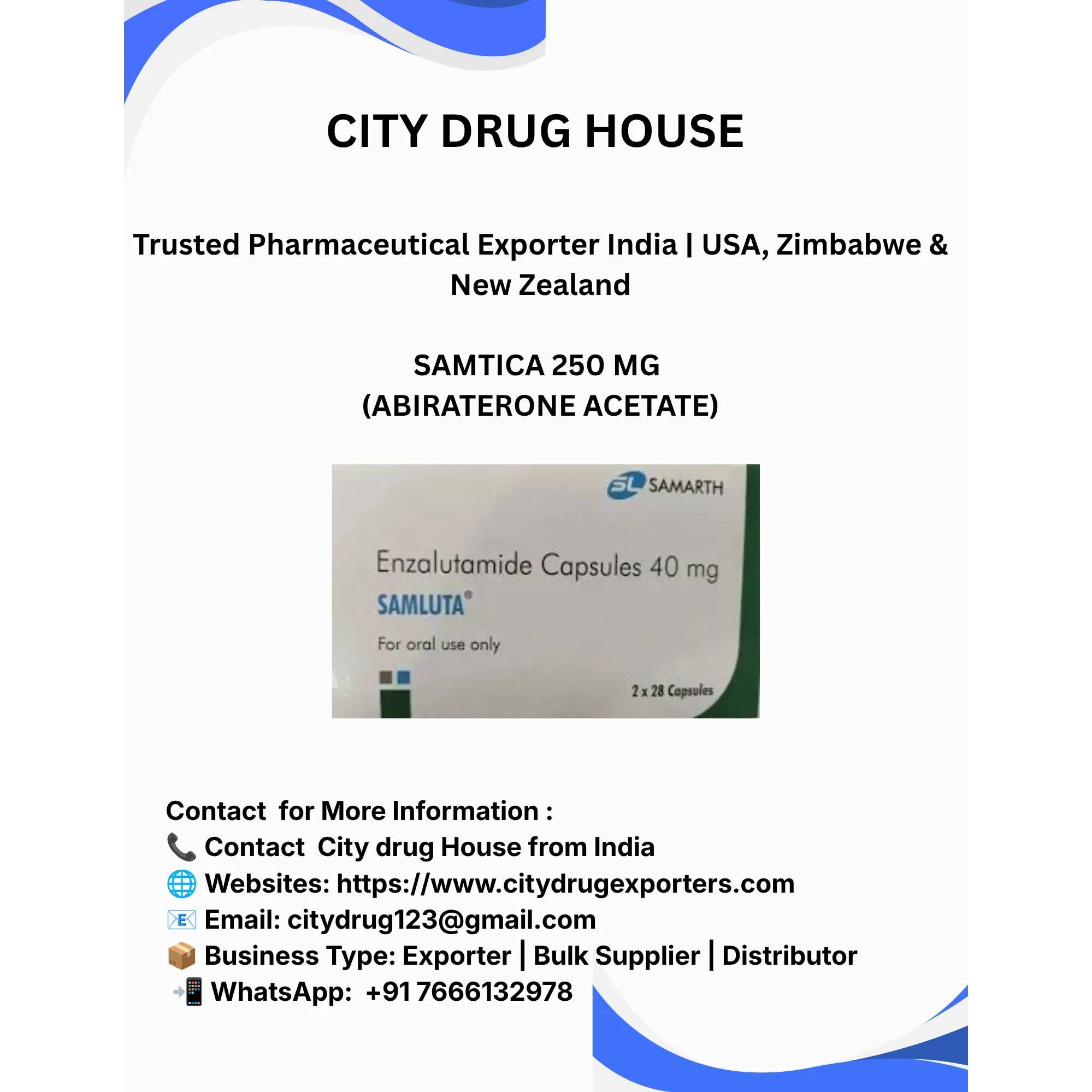Samtica 250 mg (Abiraterone Acetate) Exporter to USA, Zimbabwe & NZ | City Drug House INDIA