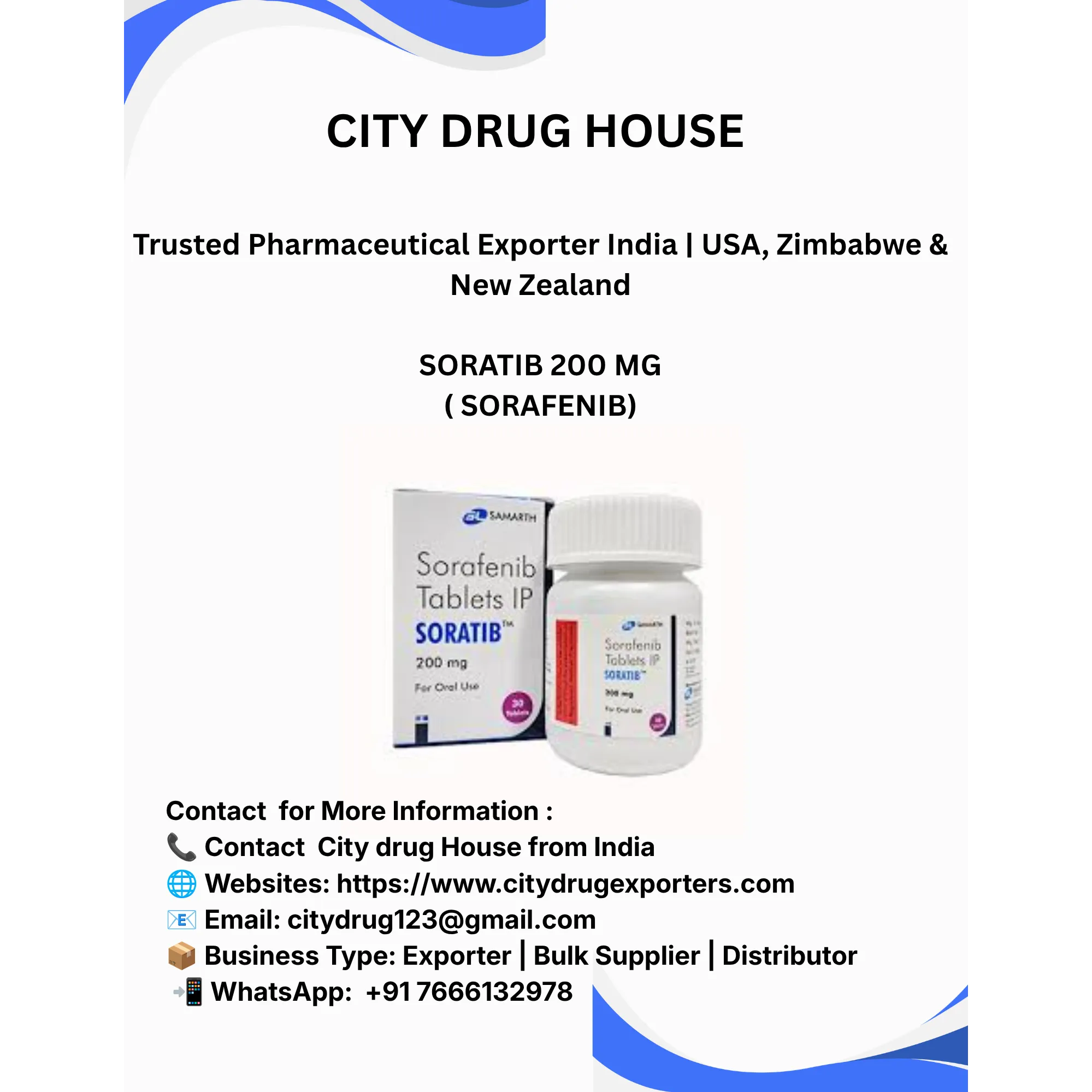 Soratib 200 mg (Sorafenib) Exporter to USA, Zimbabwe & NZ | City Drug House INDIA