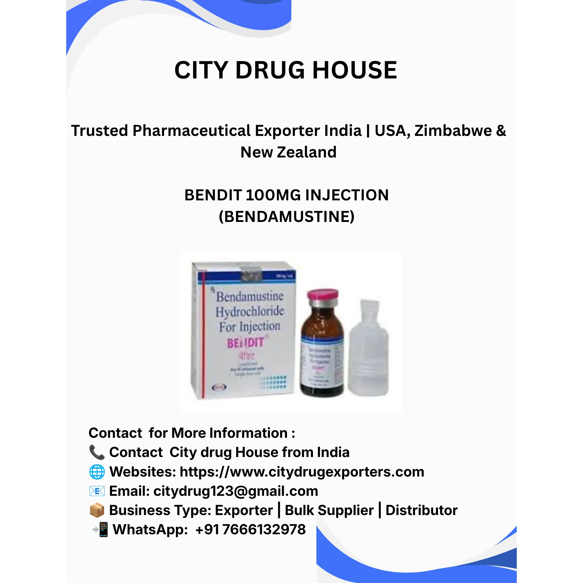 Bendit 100mg Injection (Bendamustine) Exporter to USA, Zimbabwe & NZ | City Drug House INDIA