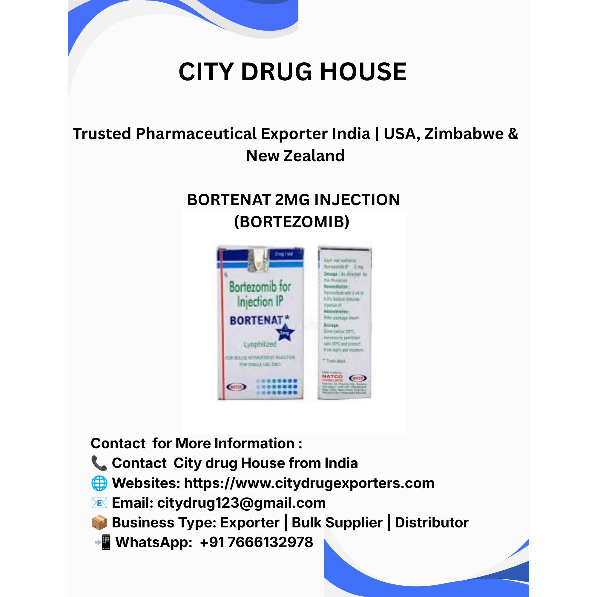 Bortenat 2mg Injection (Bortezomib) Exporter to USA, Zimbabwe & NZ | City Drug House INDIA