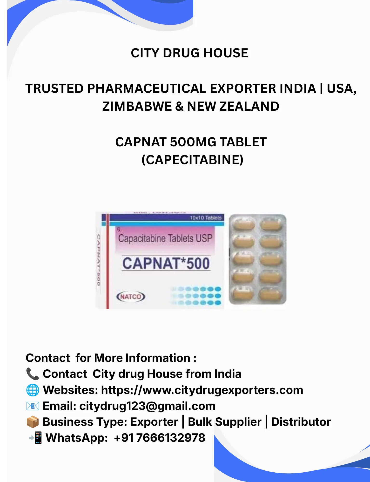 Capnat 500mg tablet (Capecitabine) Exporter to USA, Zimbabwe & NZ | City Drug House INDIA