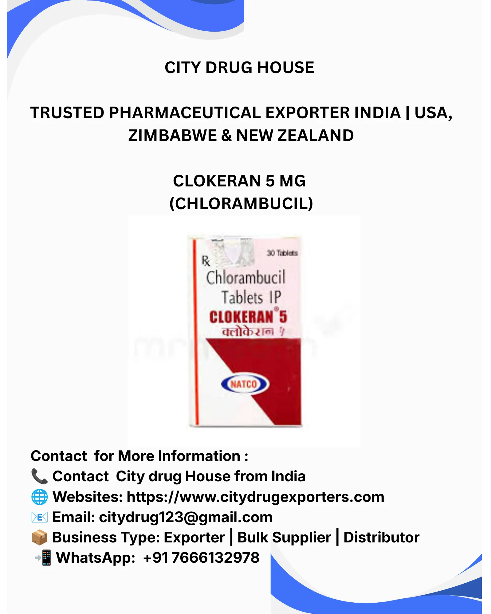 Clokeran 5 mg (Chlorambucil) Exporter to USA, Zimbabwe & NZ | City Drug House INDIA