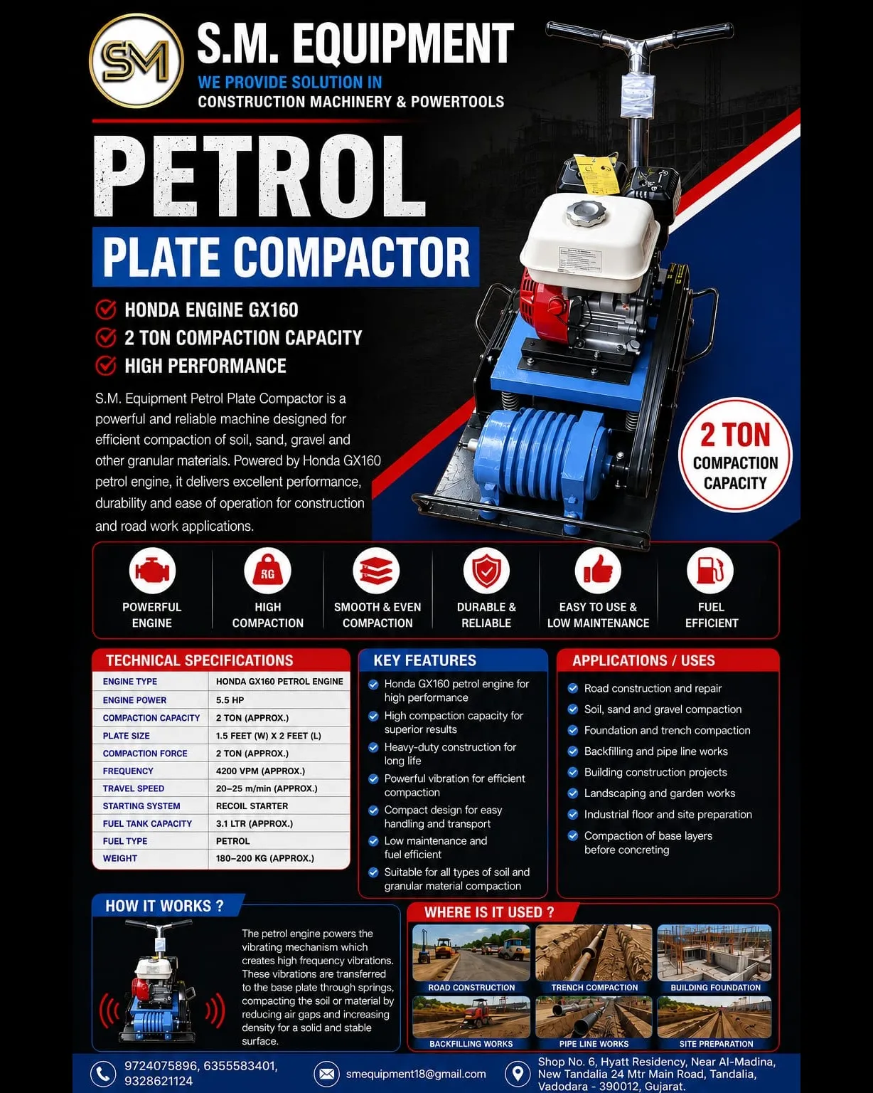 S.M. Equipment Petrol Plate Compactor | Honda GX160 Engine | 2 Ton Soil Compactor