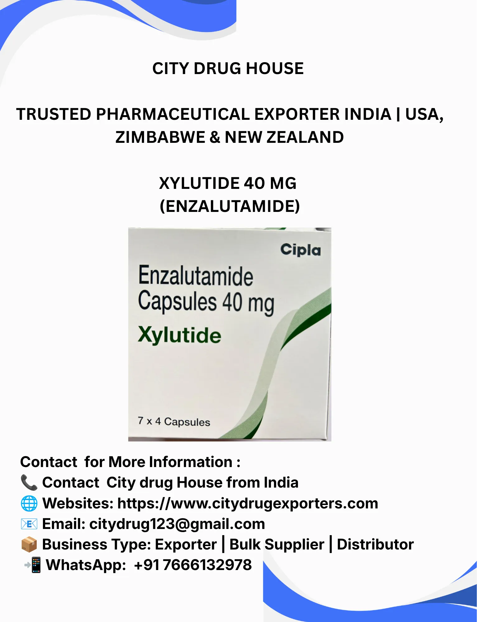 XYLUTIDE 40 mg (Enzalutamide) Exporter to USA, Zimbabwe & NZ | City Drug House INDIA