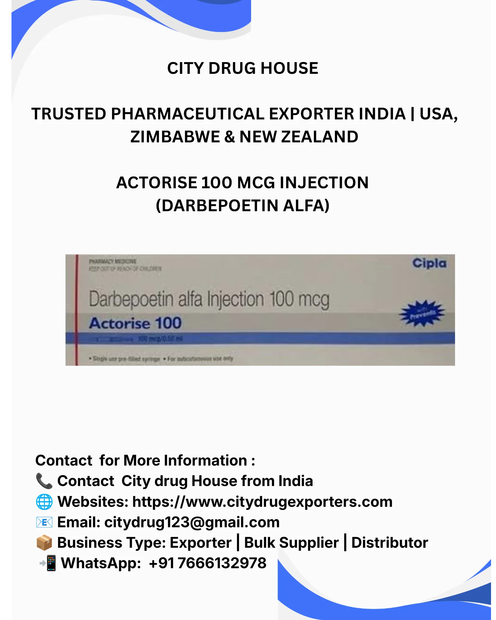Actorise 100 mcg injection (Darbepoetin alfa) Exporter to USA, Zimbabwe & NZ | City Drug House INDIA