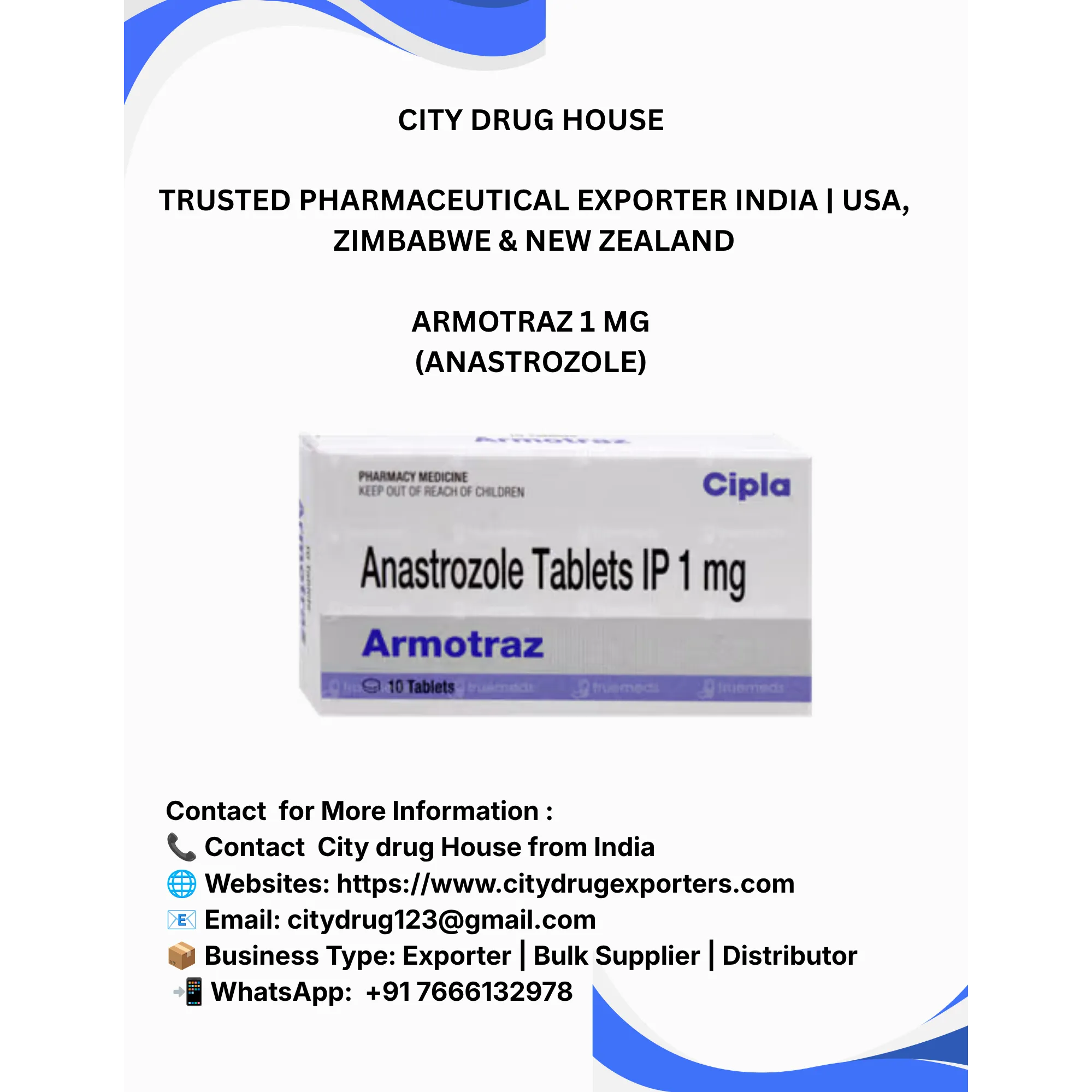 Armotraz 1 mg (Anastrozole) Exporter to USA, Zimbabwe & NZ | City Drug House INDIA