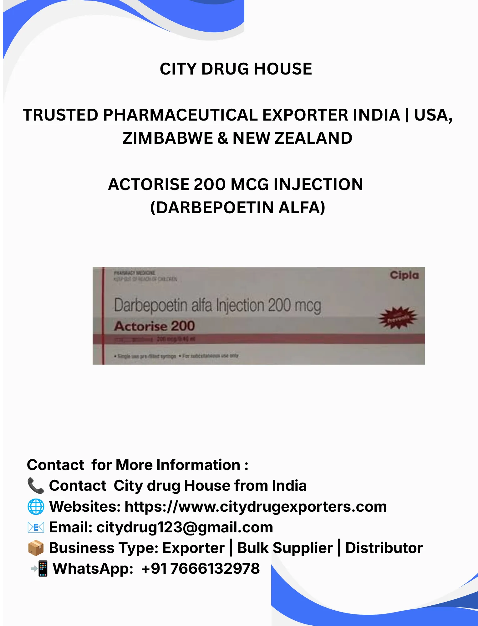 Actorise 200 mcg Injection (Darbepoetin alfa) Exporter to USA, Zimbabwe & NZ | City Drug House INDIA
