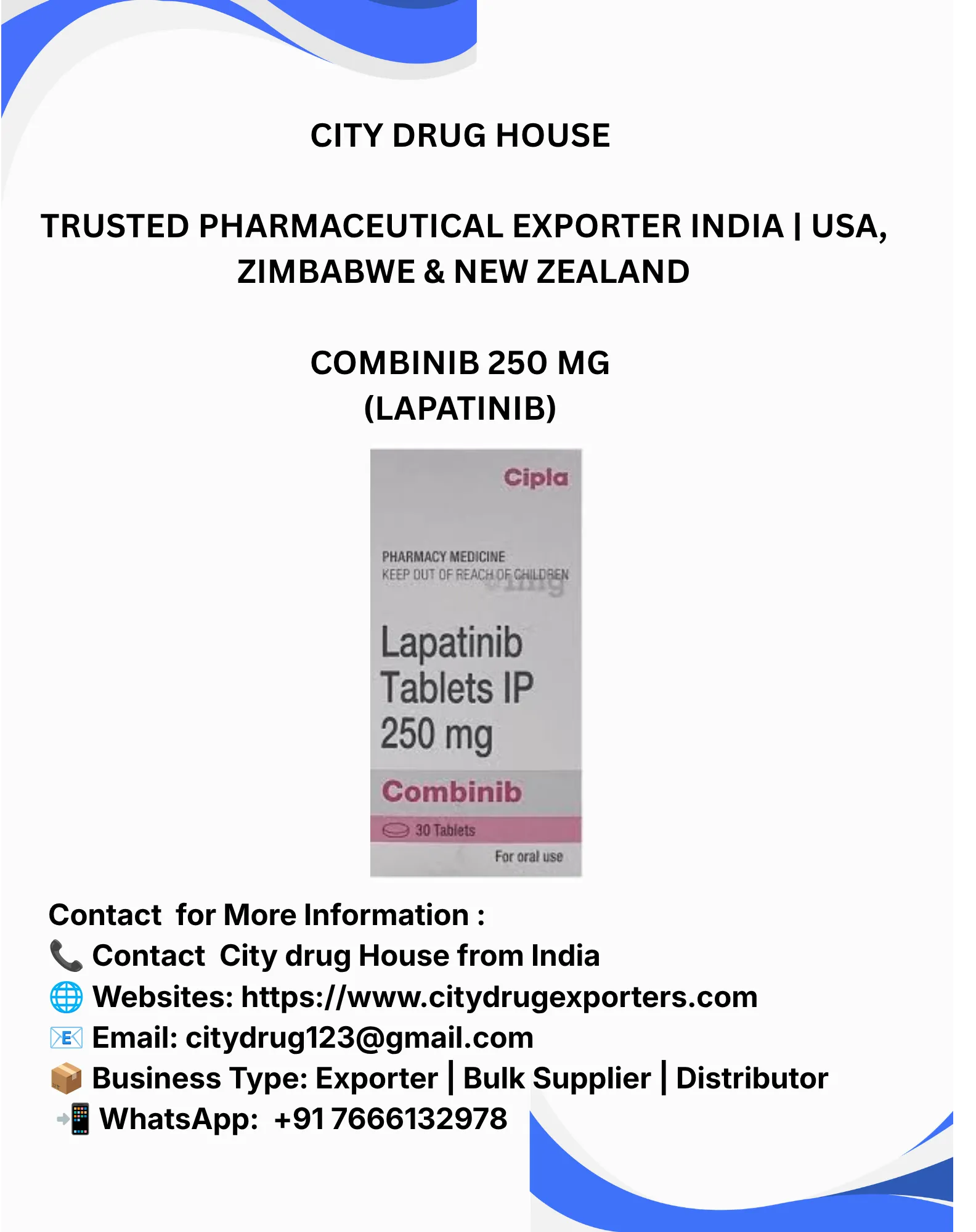 Combinib 250 mg (Lapatinib) Exporter to USA, Zimbabwe & NZ | City Drug House INDIA