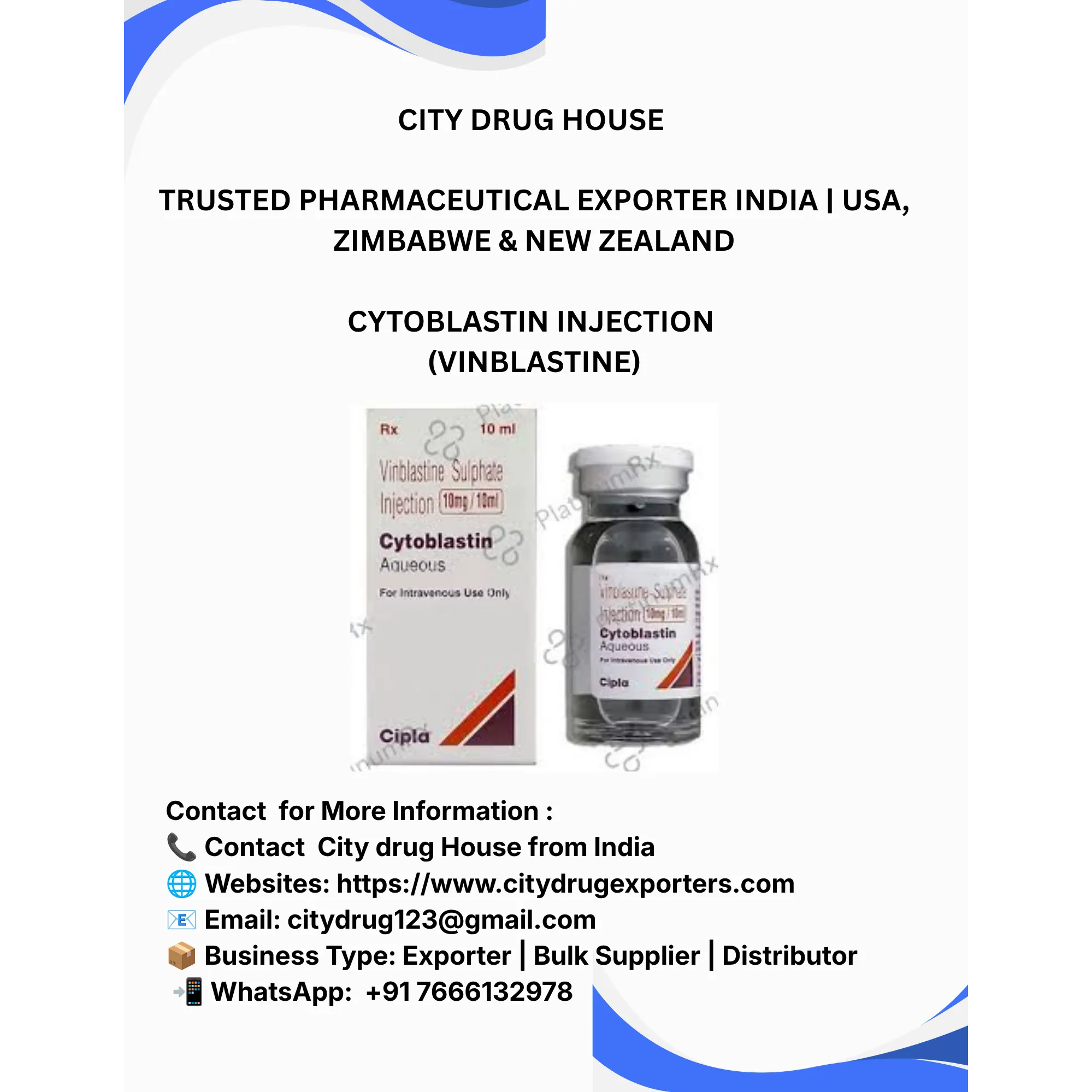 Cytoblastin Injection (Vinblastine) Exporter to USA, Zimbabwe & NZ | City Drug House INDIA