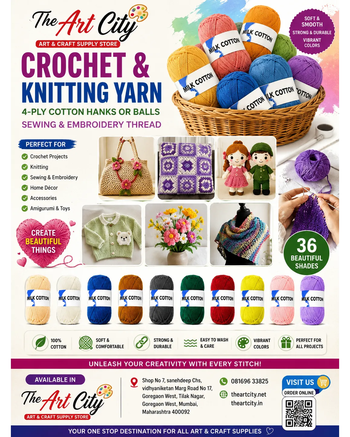 Crochet & Knitting Yarn – 4 Ply Milk Cotton | 36 Beautiful Shades | Available in The Art City Mumbai