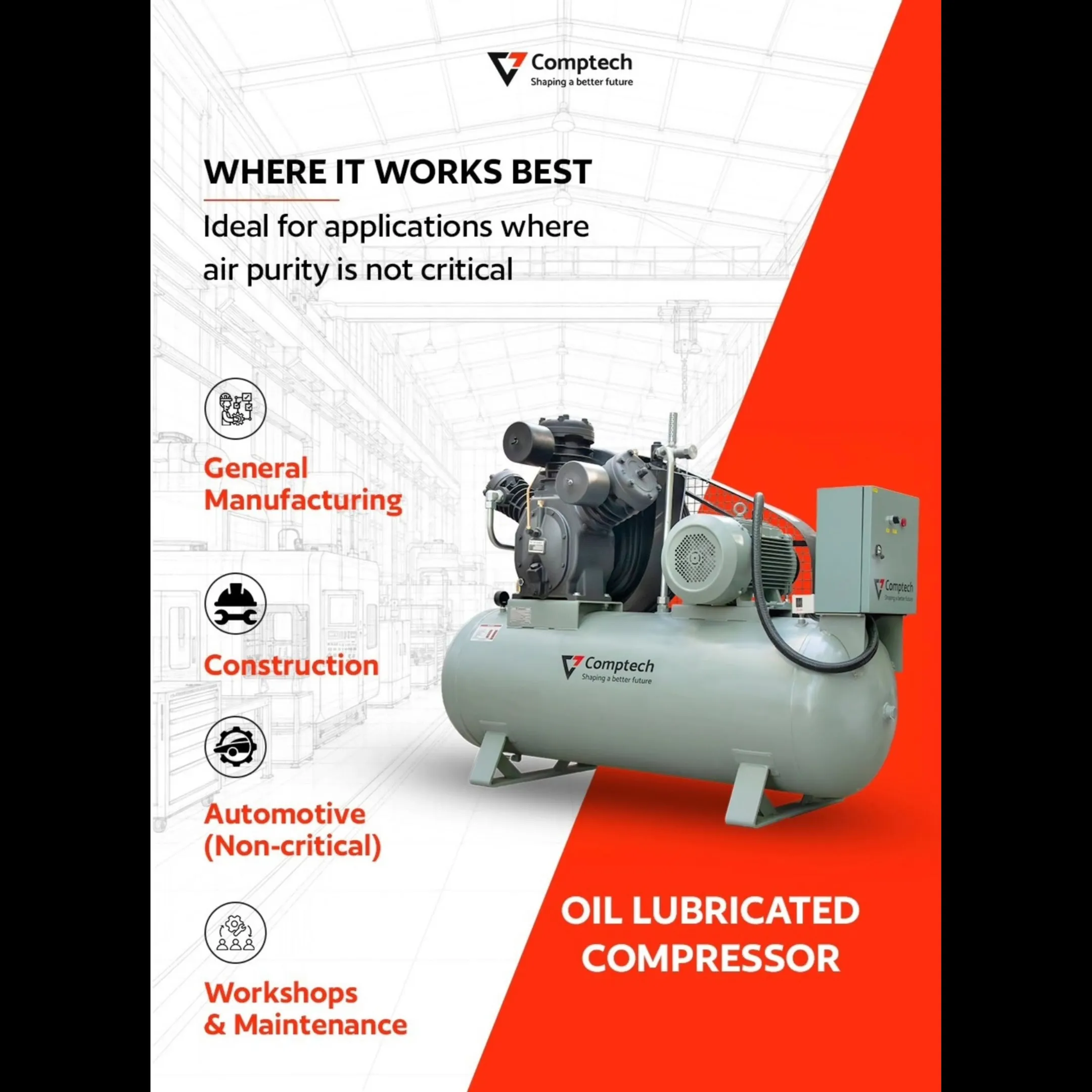 10 HP Oil Lubricated Air Compressor for General Manufacturing Industry in Rajkot | By Comptech