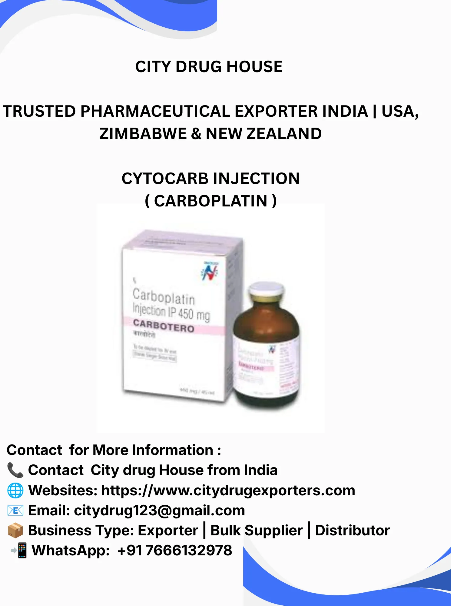 Cytocarb injection ( Carboplatin ) Exporter to USA, Zimbabwe & NZ | City Drug House INDIA