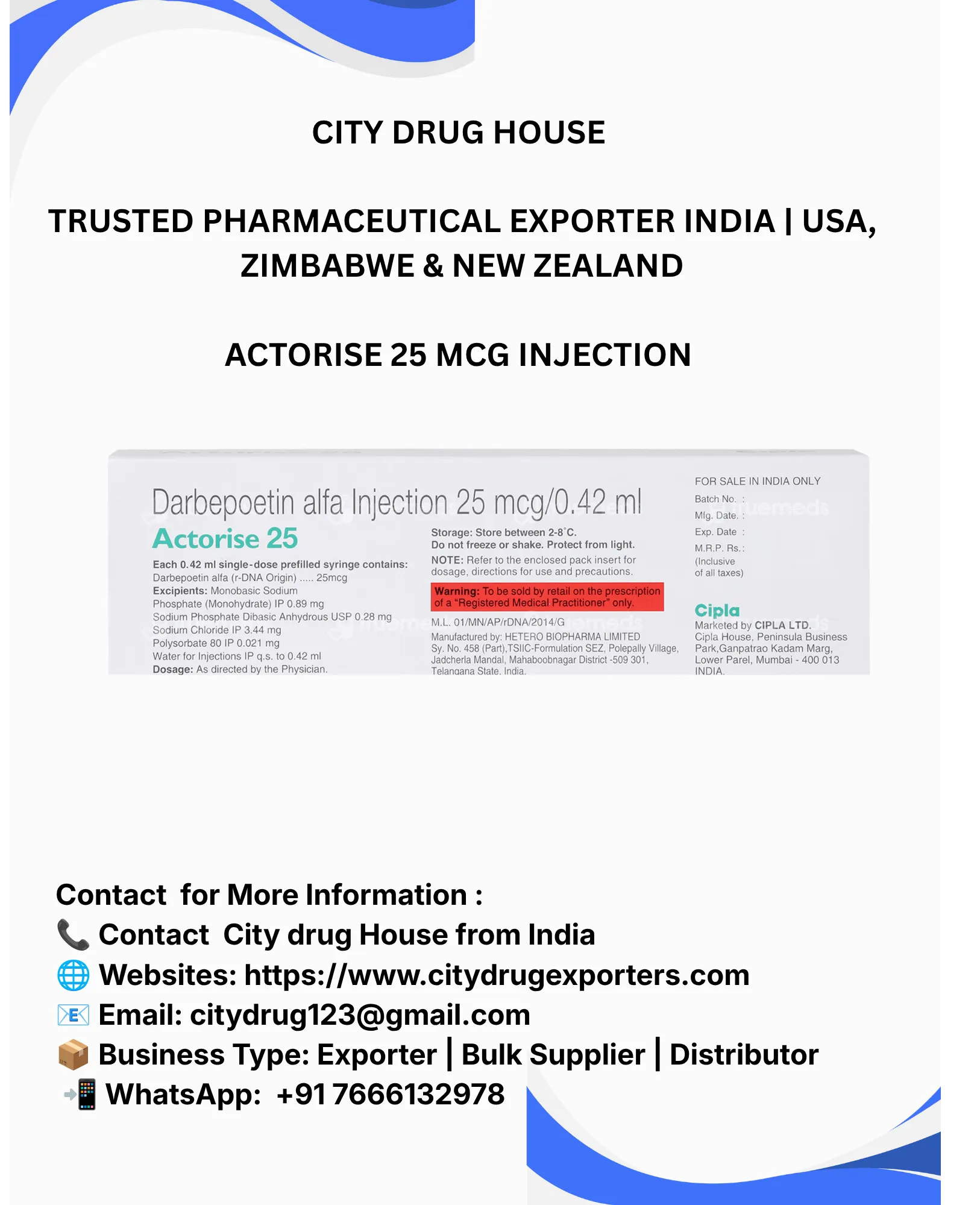 Actorise 25 mcg injection Exporter to USA, Zimbabwe & NZ | City Drug House INDIA