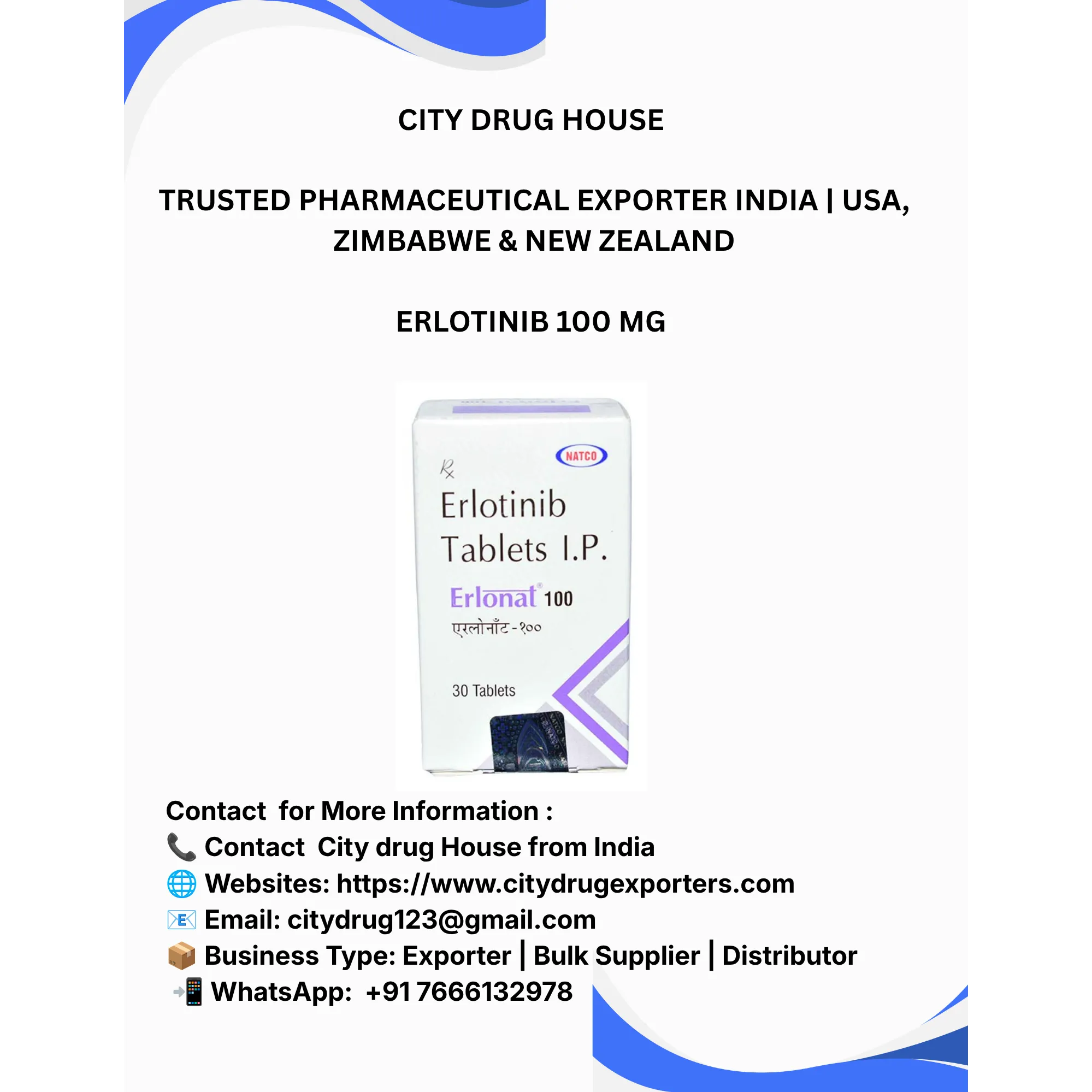 Erlotinib 100 mg Exporter to USA, Zimbabwe & NZ | City Drug House INDIA