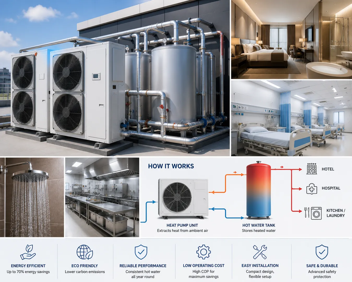 Commercial Hot Water Heat Pump Solutions for Hotels, Hospitals, and Large Facilities