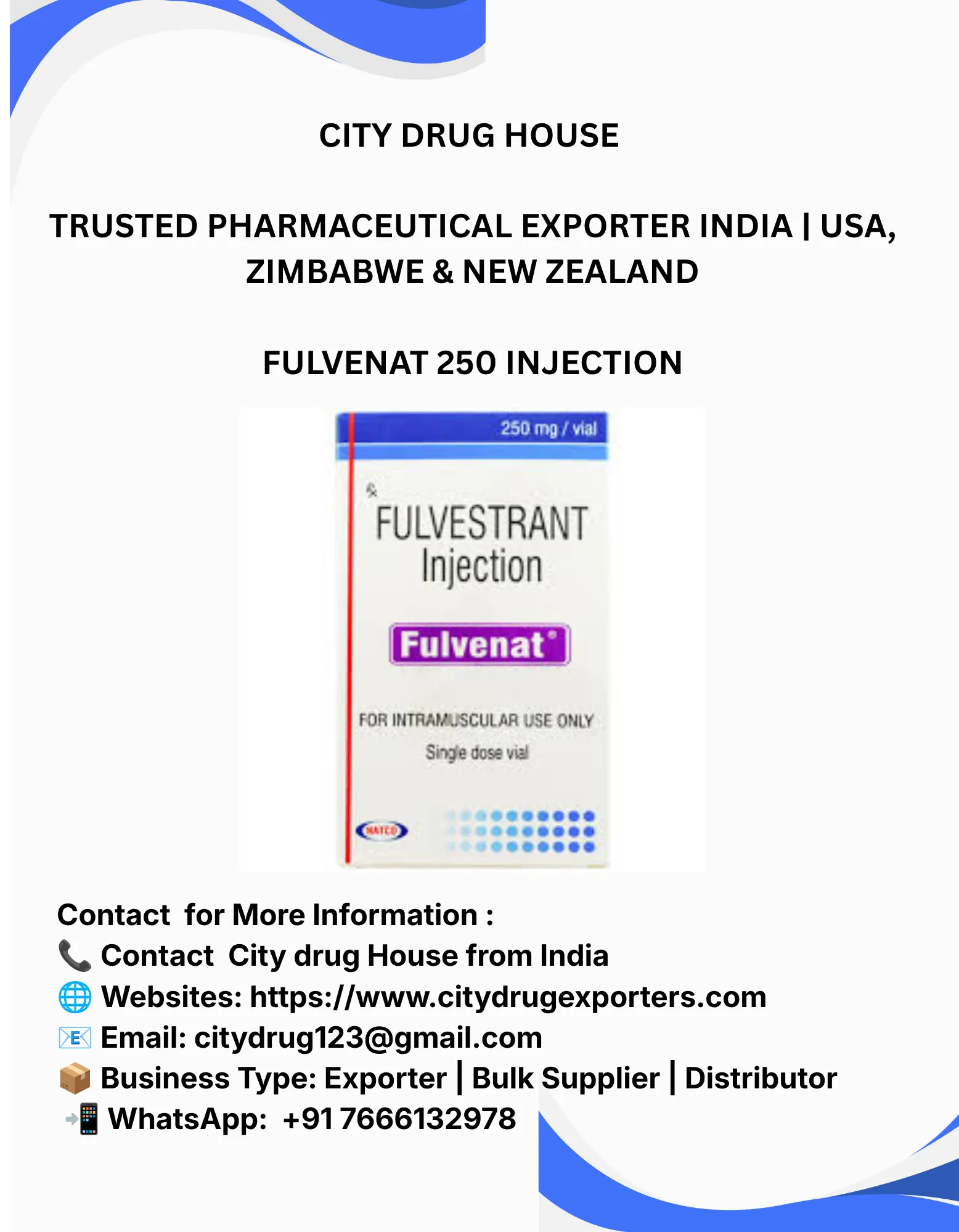 Fulvenat 250 Injection Exporter to USA, Zimbabwe & NZ | City Drug House INDIA