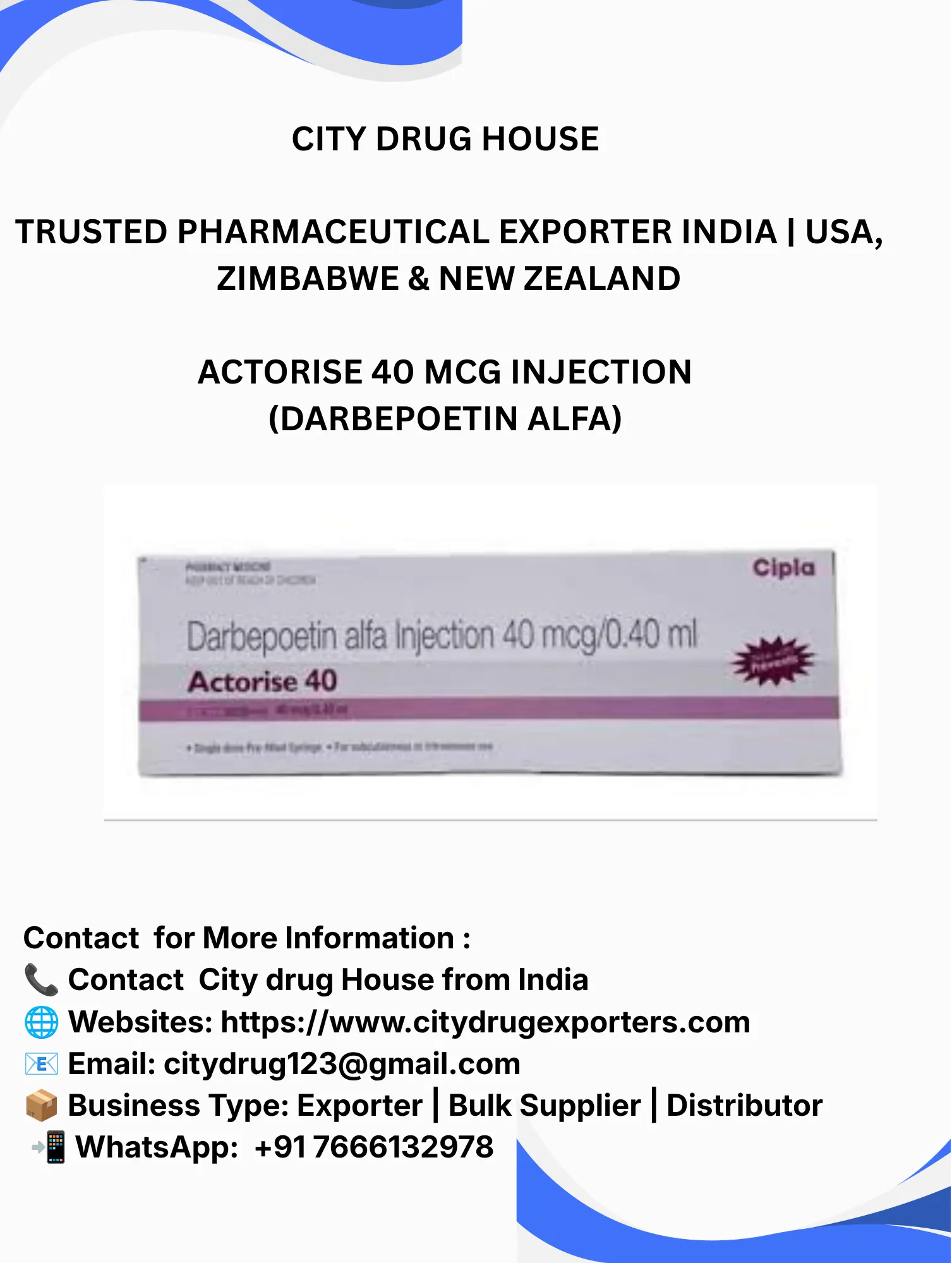 Actorise 40 mcg injection (darbepoetin alfa) Exporter to USA, Zimbabwe & NZ | City Drug House INDIA