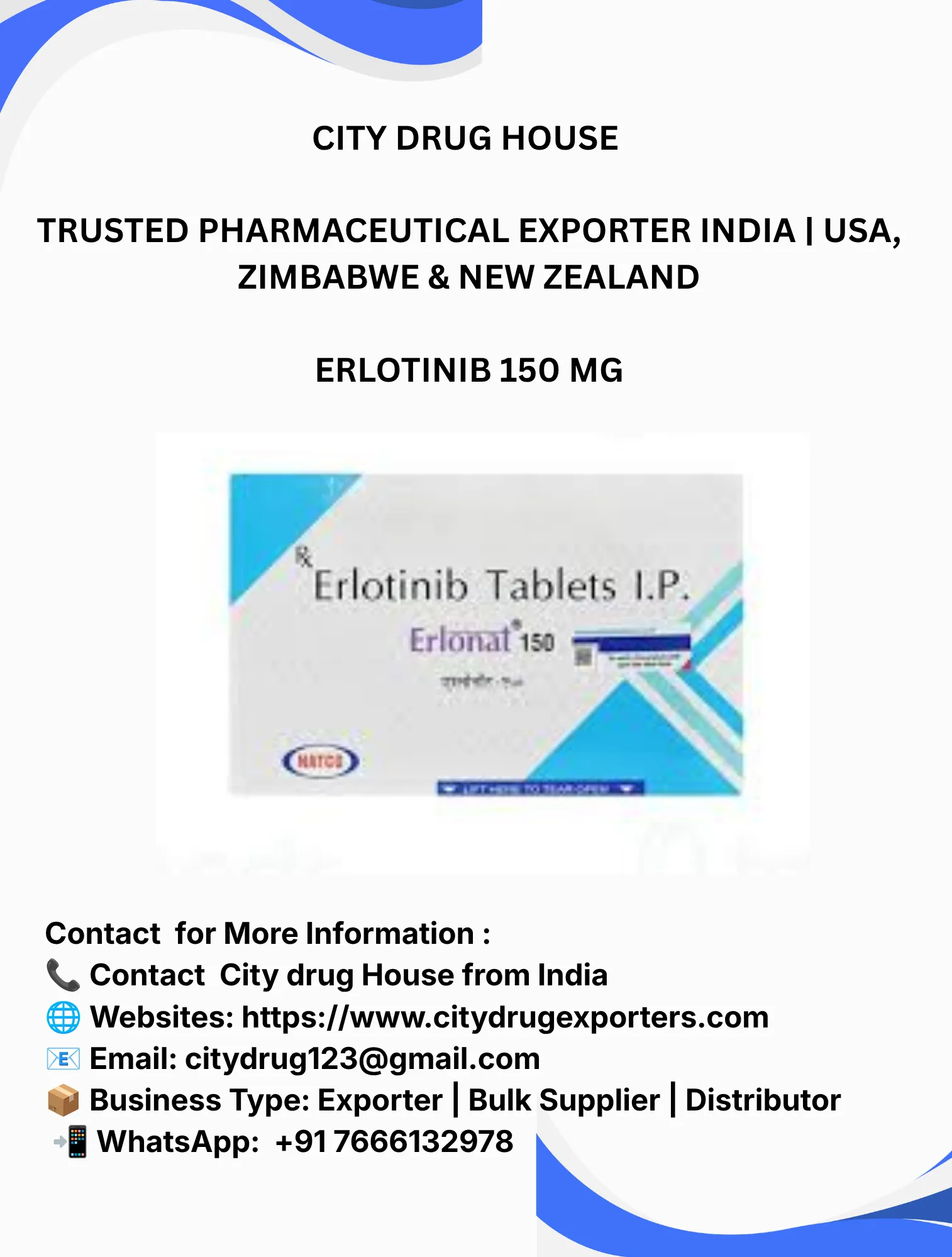 Erlotinib 150 mg Exporter to USA, Zimbabwe & NZ | City Drug House INDIA