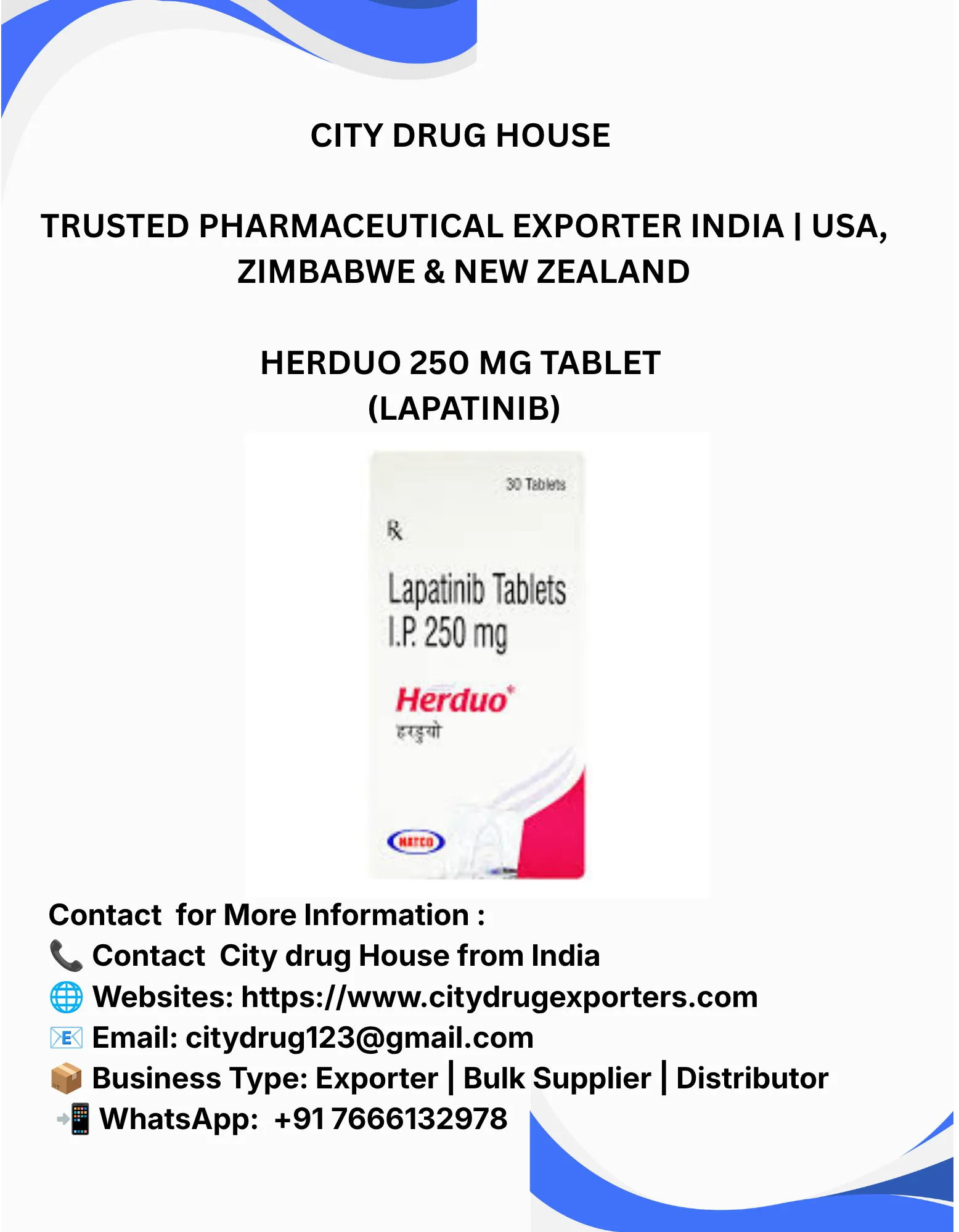 Herduo 250 mg tablet (lapatinib) Exporter to USA, Zimbabwe & NZ | City Drug House INDIA