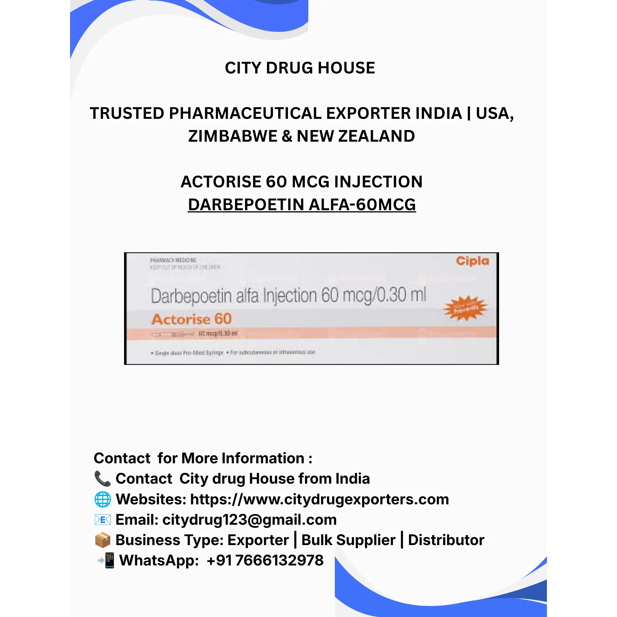 Actorise 60 mcg injection Exporter to USA, Zimbabwe & NZ | City Drug House INDIA